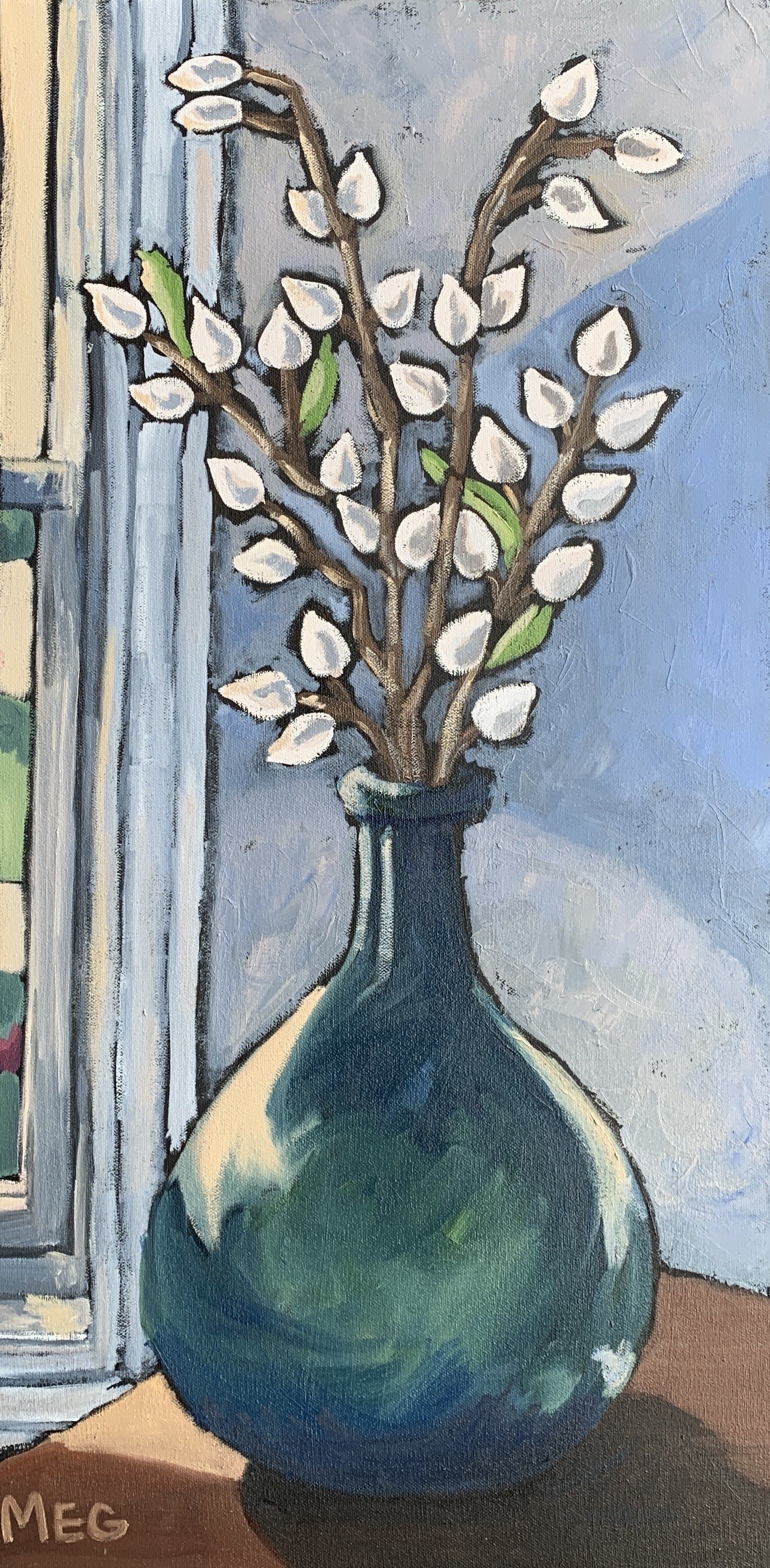 Elegant Pussy Willow Flowers Teal Vase