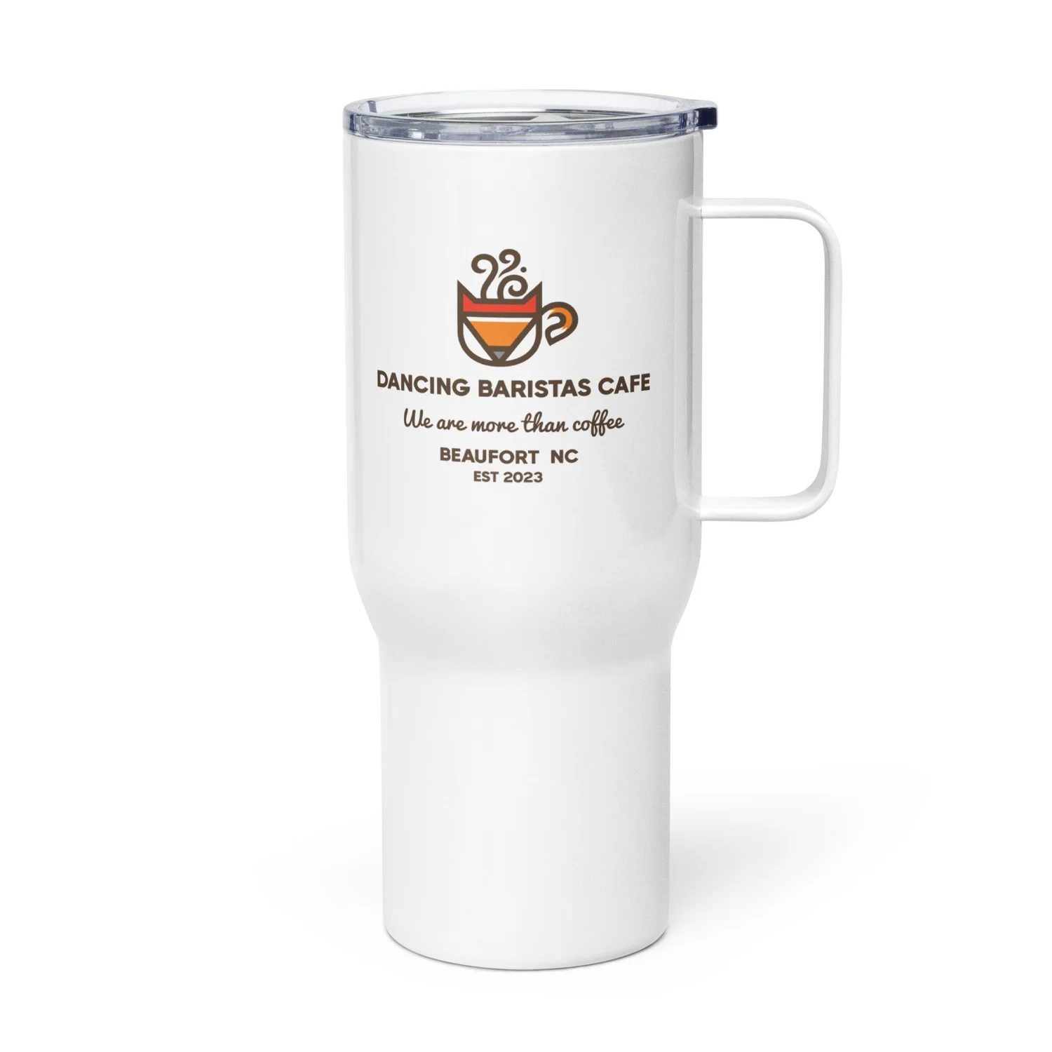 Travel mug with a handle  Dancing Baristas Cafe