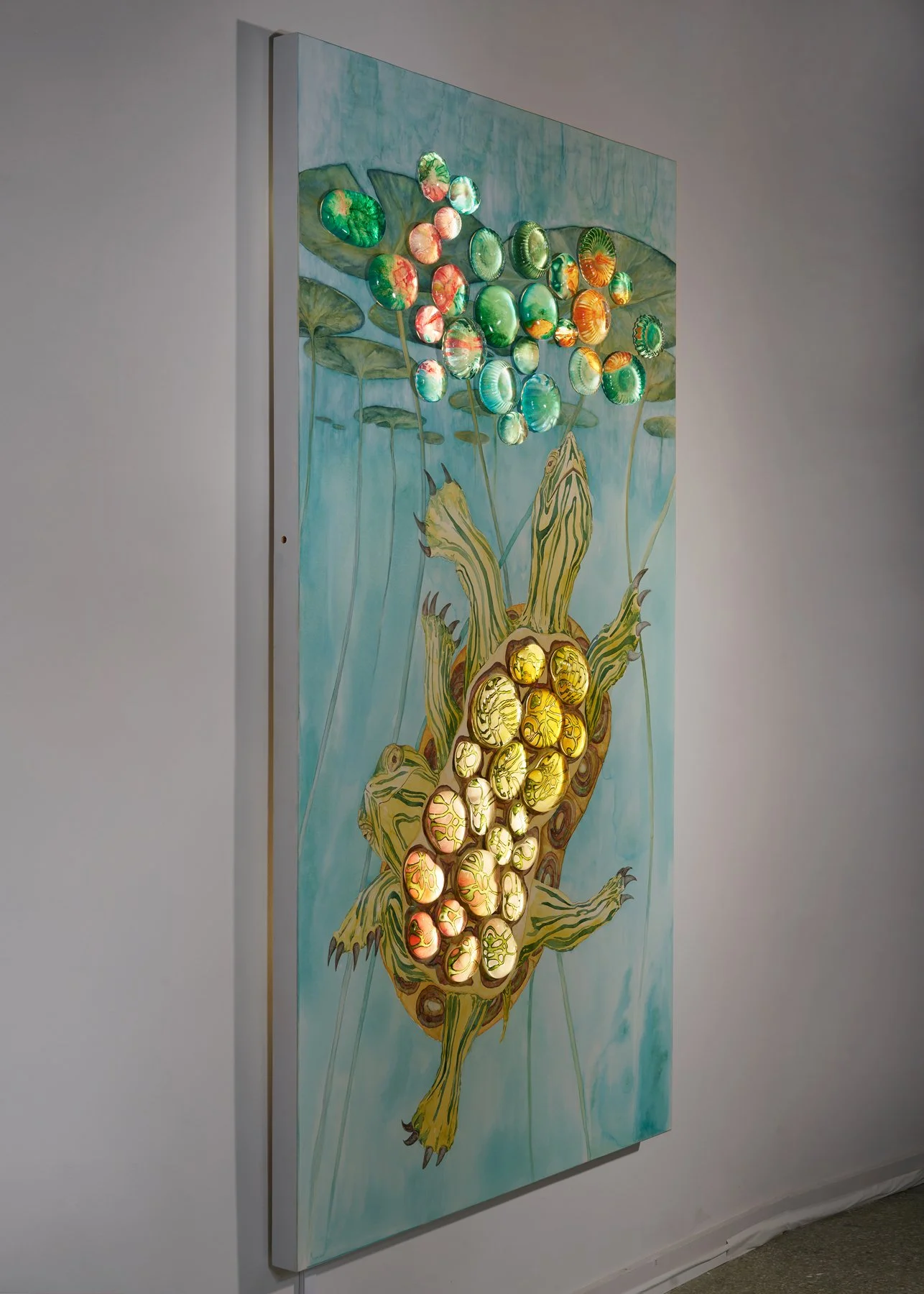 Double Specter, 2026 Wood, watercolor, hot-sculpted, engraved, and painted glass, LED 7' x 4' x 5"