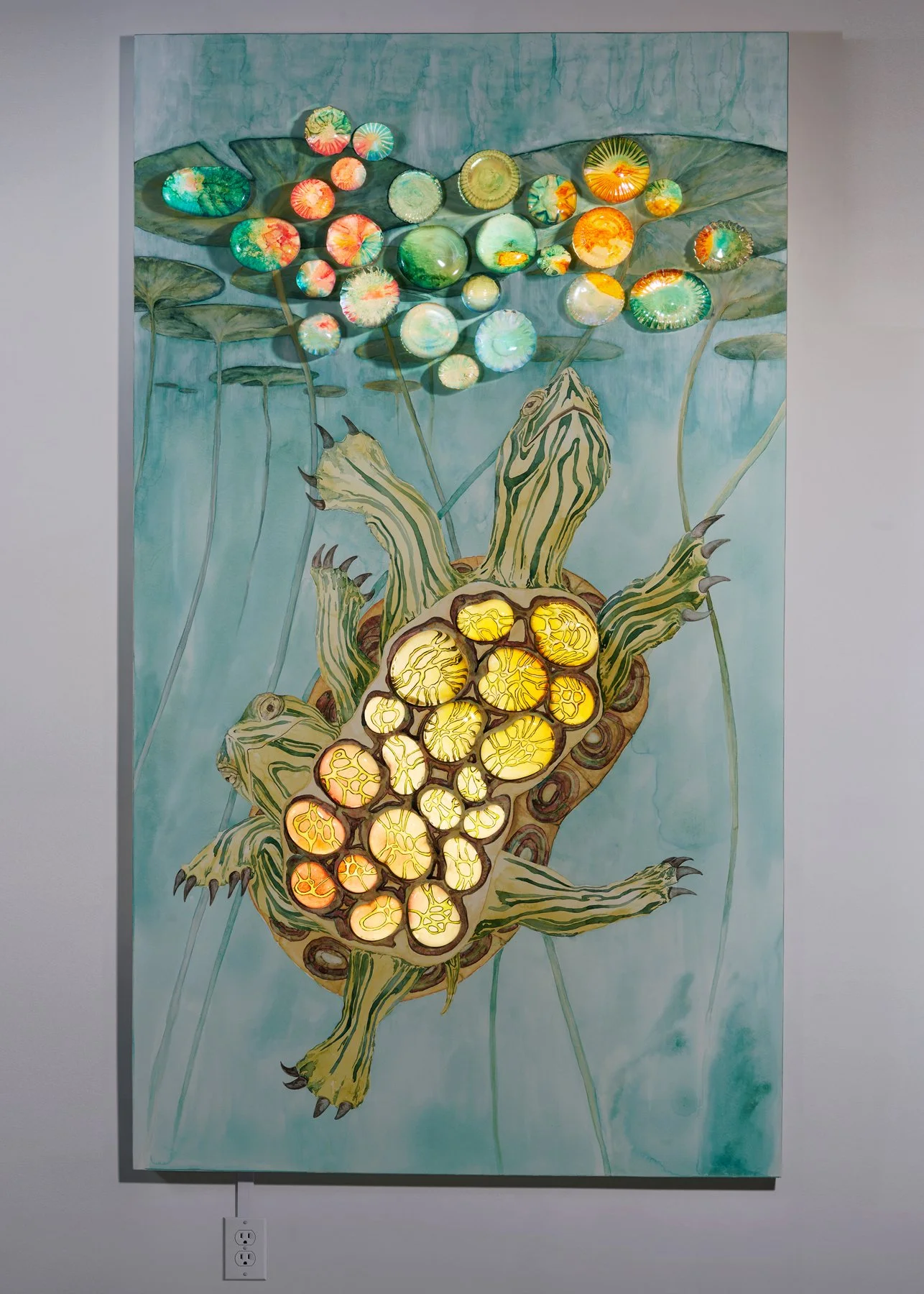 Double Specter, 2026 Wood, watercolor, hot-sculpted, engraved, and painted glass, LED 7' x 4' x 5"