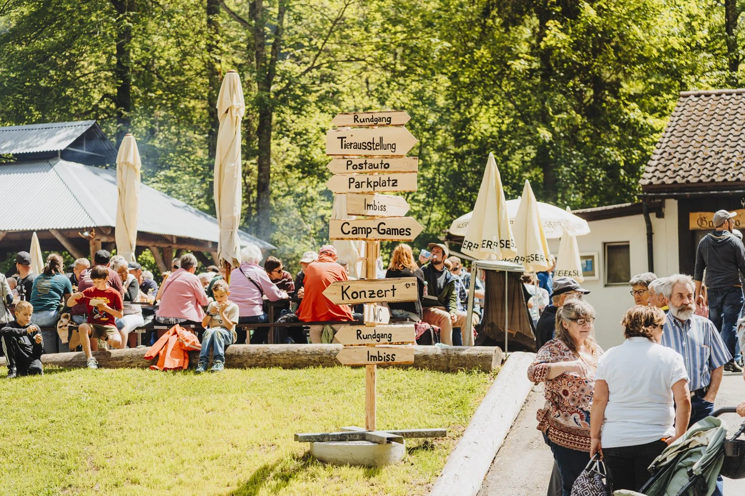 Wegweiser auf einer Wiese, die auf eine Veranstaltung im Freien hinweisen, umgeben von Menschen, Bäumen und Zelten bei sonnigem Wetter.