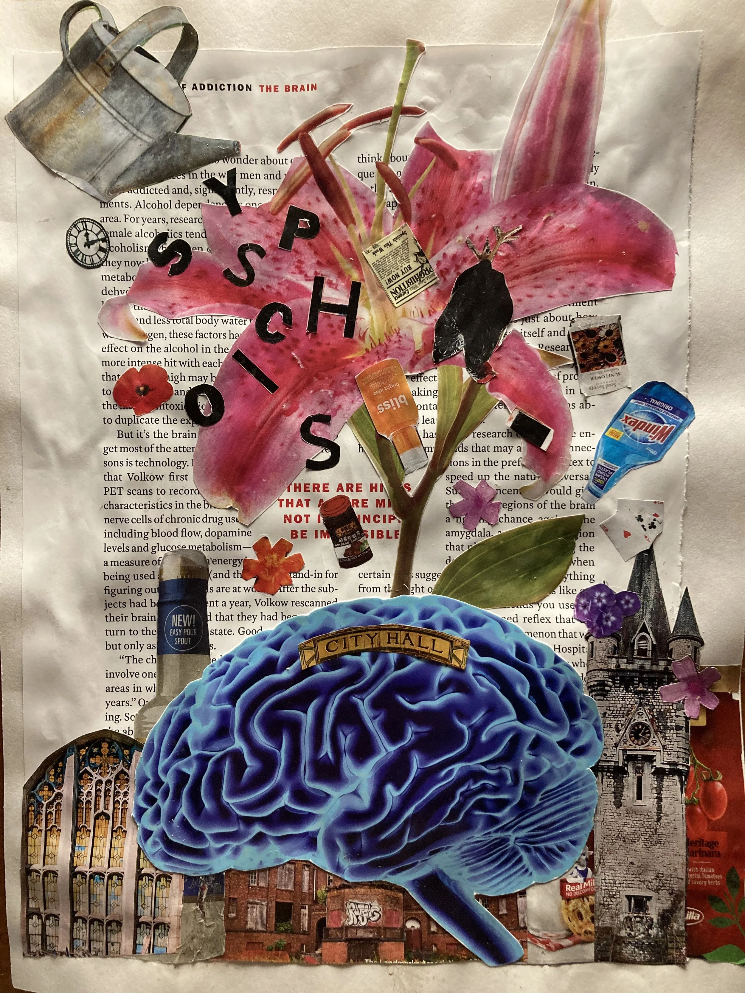 A magazine collage with a city made out of abandoned buildings, vodka bottles, and tomato sauce jars. There is a brain labeled "city hall" with a flower growing out of it. A watering can showers the flower with letters spelling out "psychosis."