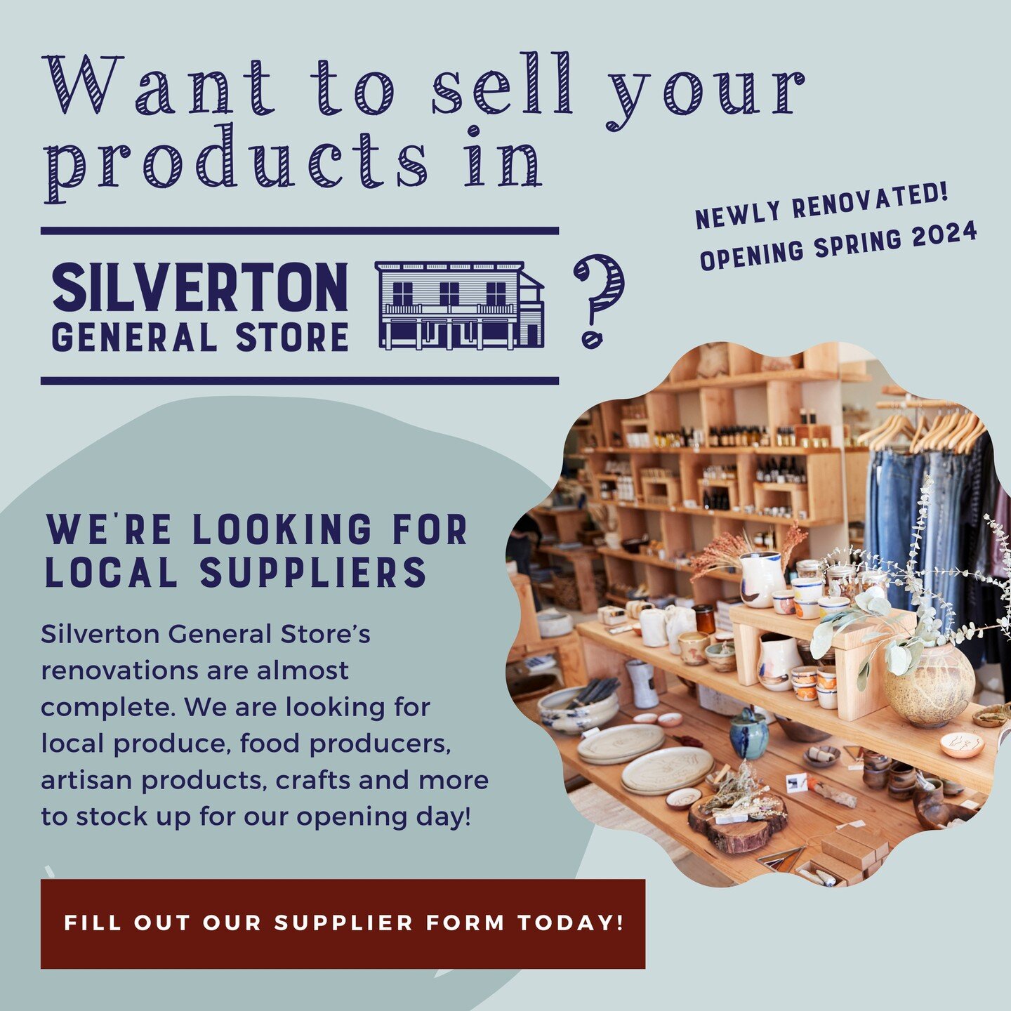 Are you a local artist, crafter or food producer? 

Silverton General Store is looking for local suppliers in preparation of opening day. Our newly renovated, historic building will be home to a wide variety of goods including healthy groceries, natu