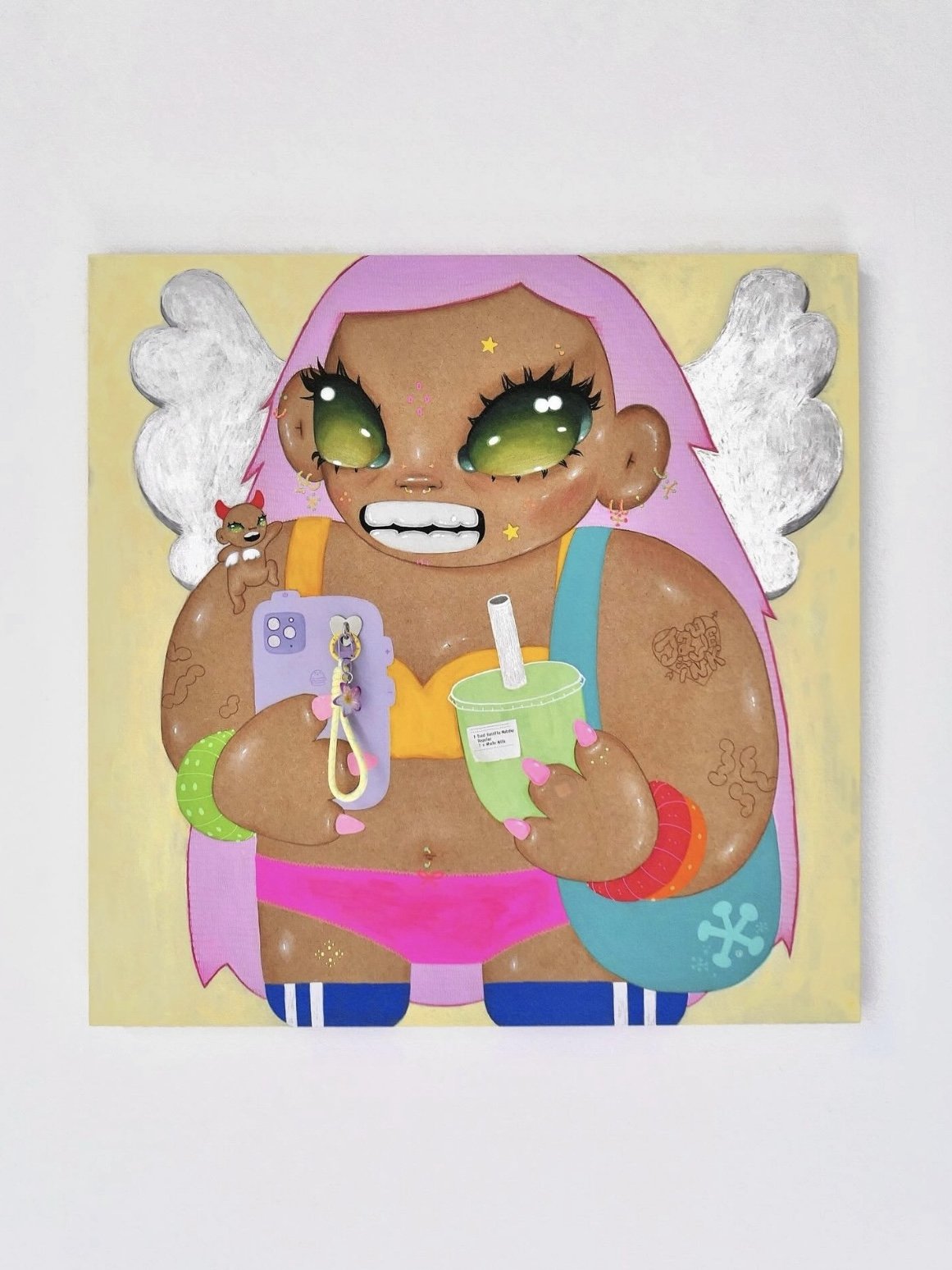 BUSY DOING NOTHING | 60 X 60 cm ⋆
Acrylic paint, ink, pencil, cardboard, phone charms, tooth gem, and vanilla matcha order sticker on wood.