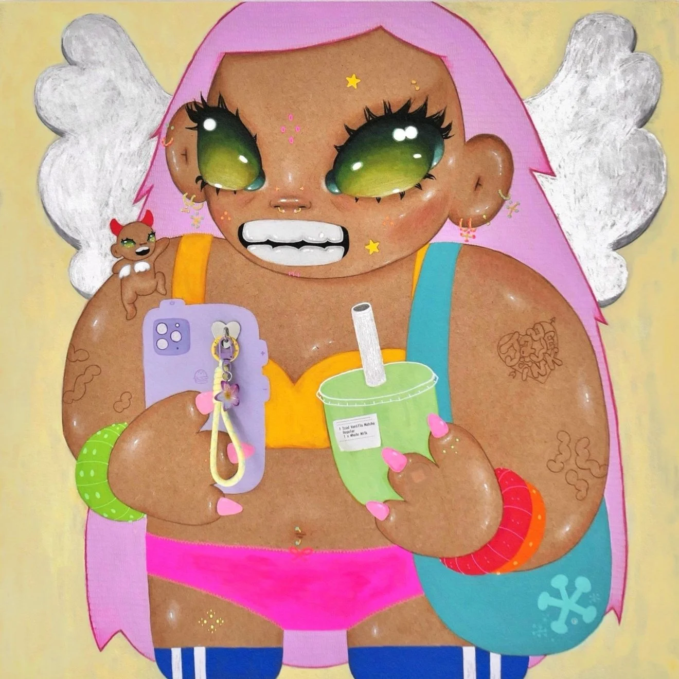 "Busy Doing Nothing" | Acrylic, phone charms, tooth gem, cardboard, vanilla matcha order sticker on wood.