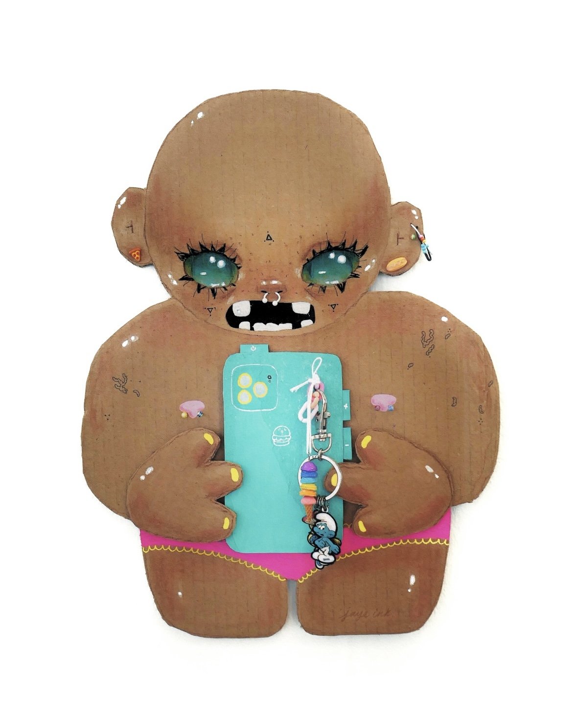 SWEATY SUMMER-HEAT MIRROR SELFIE | 25 x 32 cm ⋆ Cardboard, acrylic paint, markers, coloured pencils, tooth gem, miscellaneous jewellery & accessories.