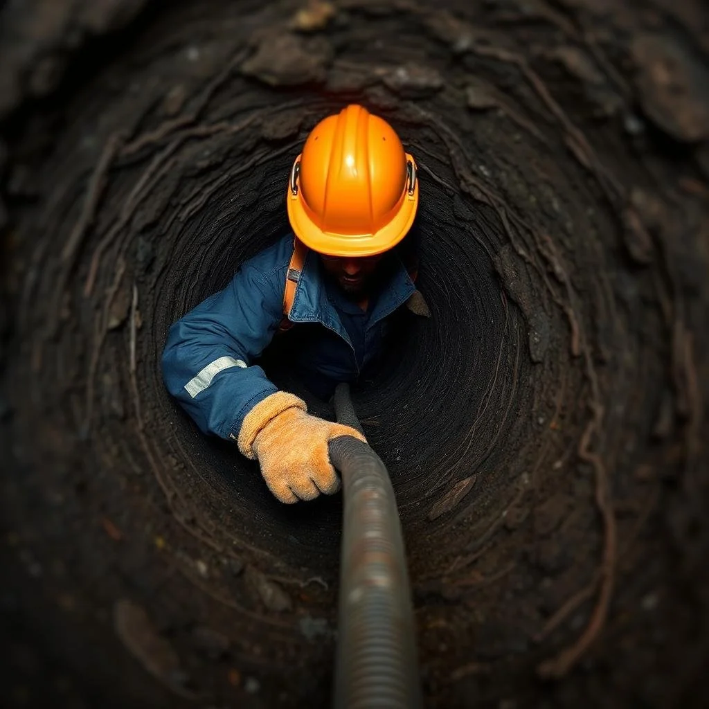 A worker wearing a blue jacket, tan gloves, and an orange helmet is inside a deep, narrow, cylindrical underground tunnel, holding a thick cable or hose.
