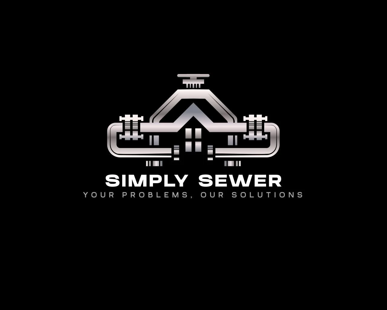 Logo for Simply Sewer featuring a stylized sewer pipe and house with the text "Simply Sewer" and the tagline "Your Problems, Our Solutions" on a black background.