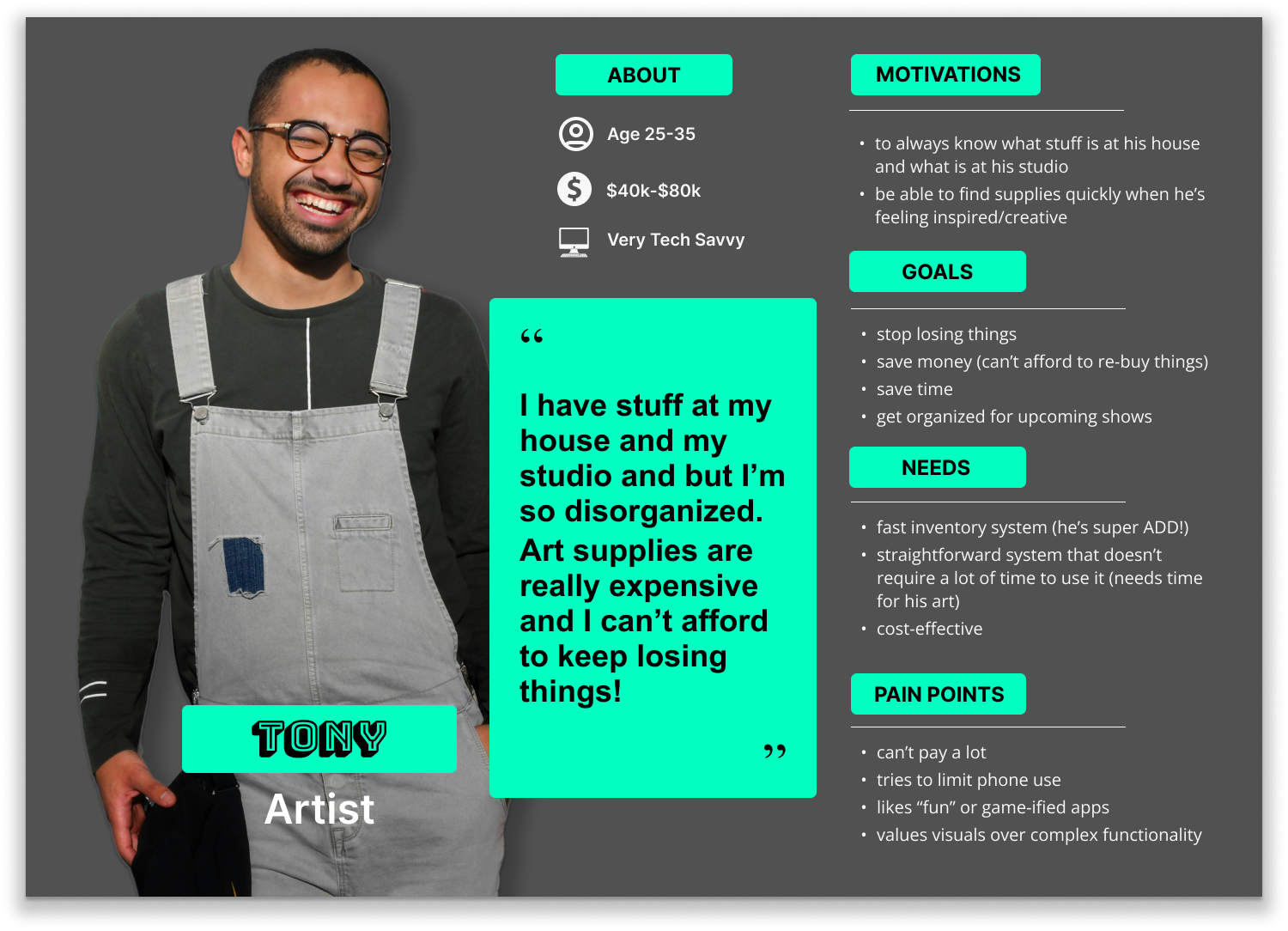A man with glasses, a beard, and a bright smile, wearing a black shirt and gray overalls, standing against a gray background. The image appears to be a profile or resume for an artist named Tony, containing personal info, goals, needs, pain points, and quotes in a colorful, modern design.
