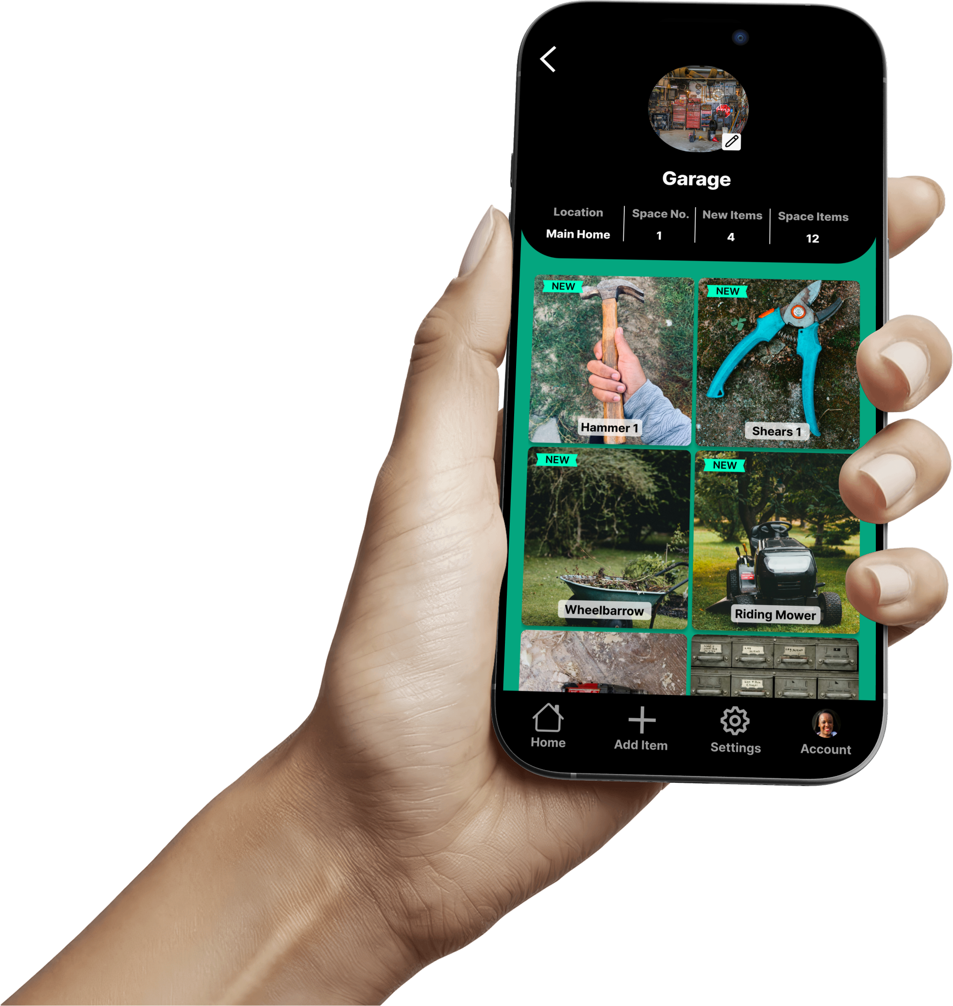 A person holding a smartphone displaying a garage inventory app with images of tools and equipment like a hammer, shear cutters, wheelbarrow, and riding mower.