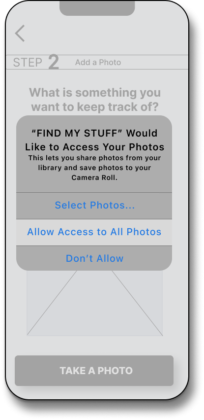 Screen of a mobile app showing a prompt for photo access permissions, with options to 'Select Photos,' 'Allow Access to All Photos,' or 'Don't Allow,' and a button labeled 'Take a Photo' at the bottom.