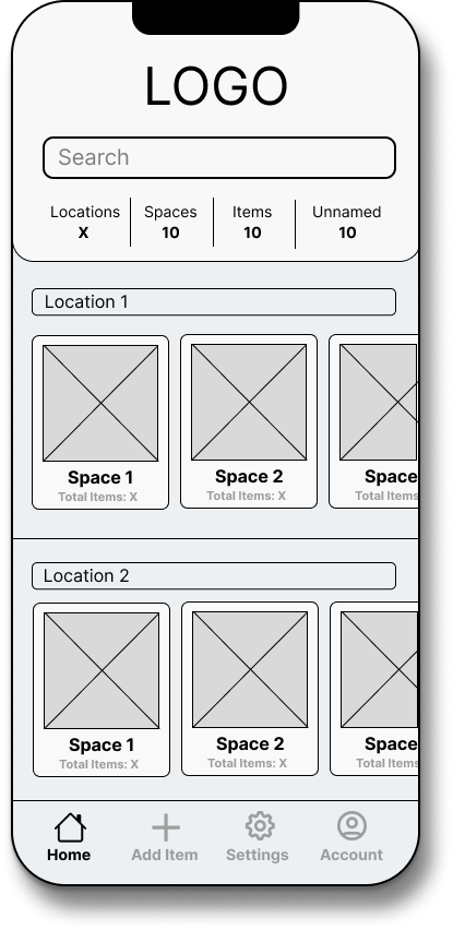 Mobile app interface with a logo header, search bar, and categories for locations, spaces, and items, each with a count of ten. Sections for Location 1 and Location 2 display three spaces each, with placeholders for images and total item counts, and a bottom navigation menu showing icons for Home, Add Item, Settings, and Account.