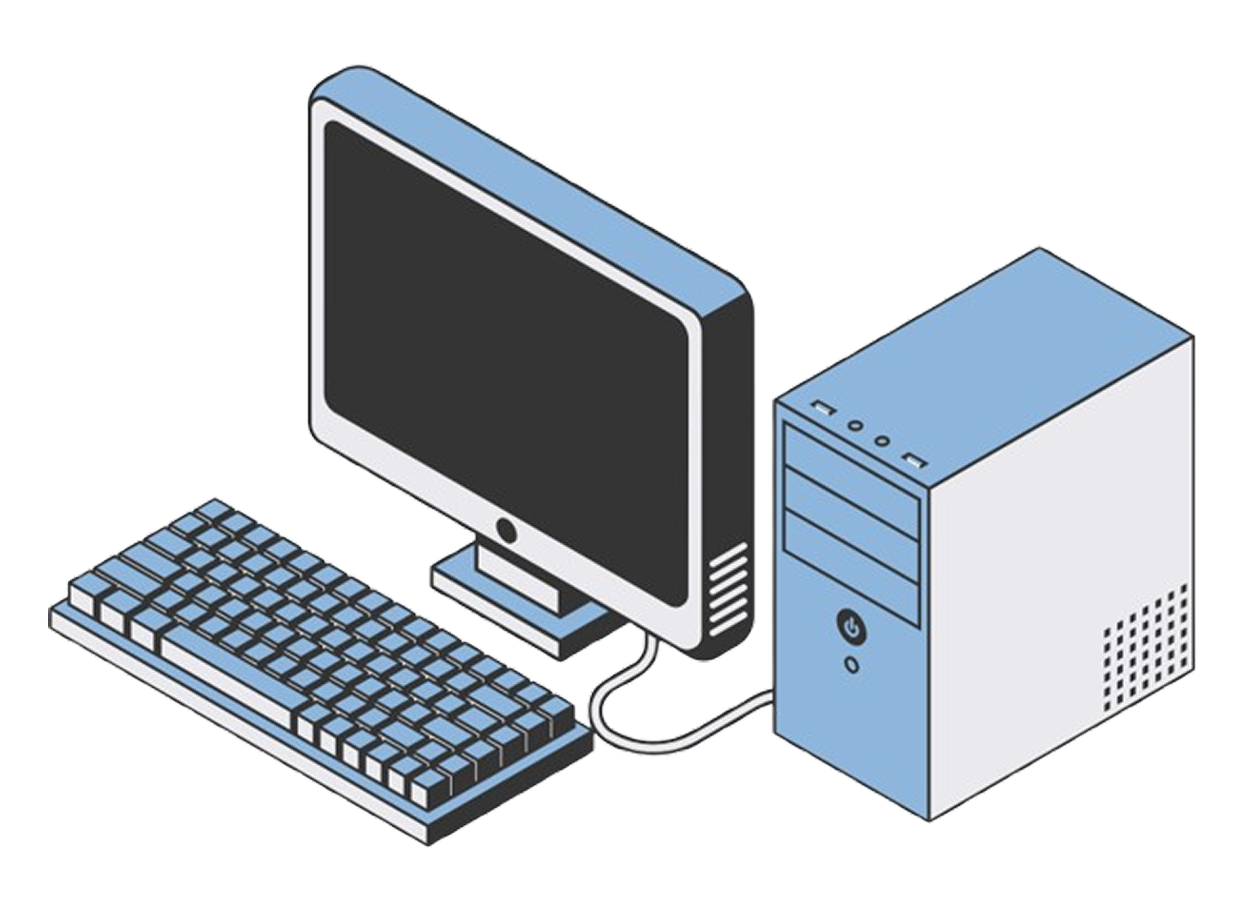 A desktop computer setup with a tower, monitor, keyboard, and mouse.