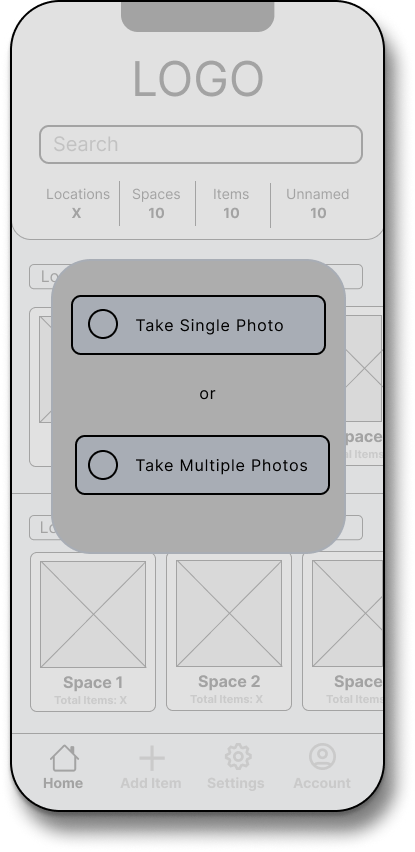 Mobile app interface with a logo placeholder, search bar, and options to take a single photo or multiple photos over a grid layout of three spaces.