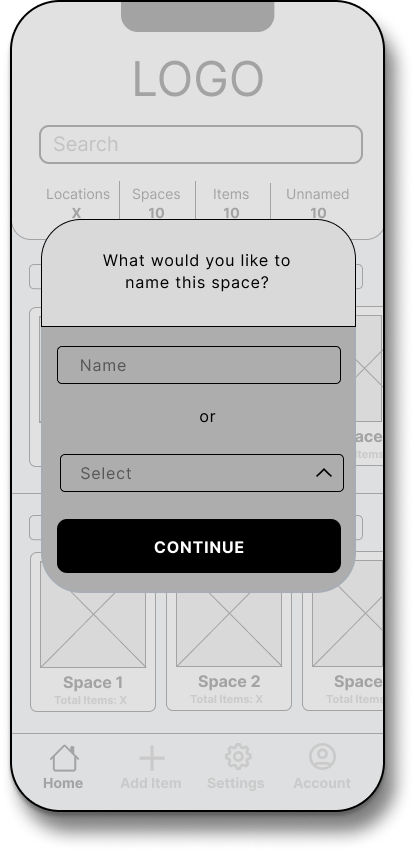 Mobile app interface with a prompt asking, 'What would you like to name this space?' and options for entering a name or selecting a predefined name, with a 'Continue' button below.