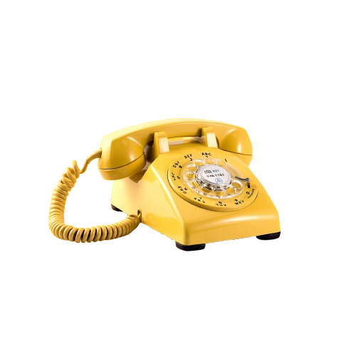 Yellow rotary dial telephone with a coiled cord displayed against a plain background.