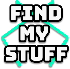 Text graphic with the phrase 'Find My Stuff' in bold white letters on a dark background with teal accents.