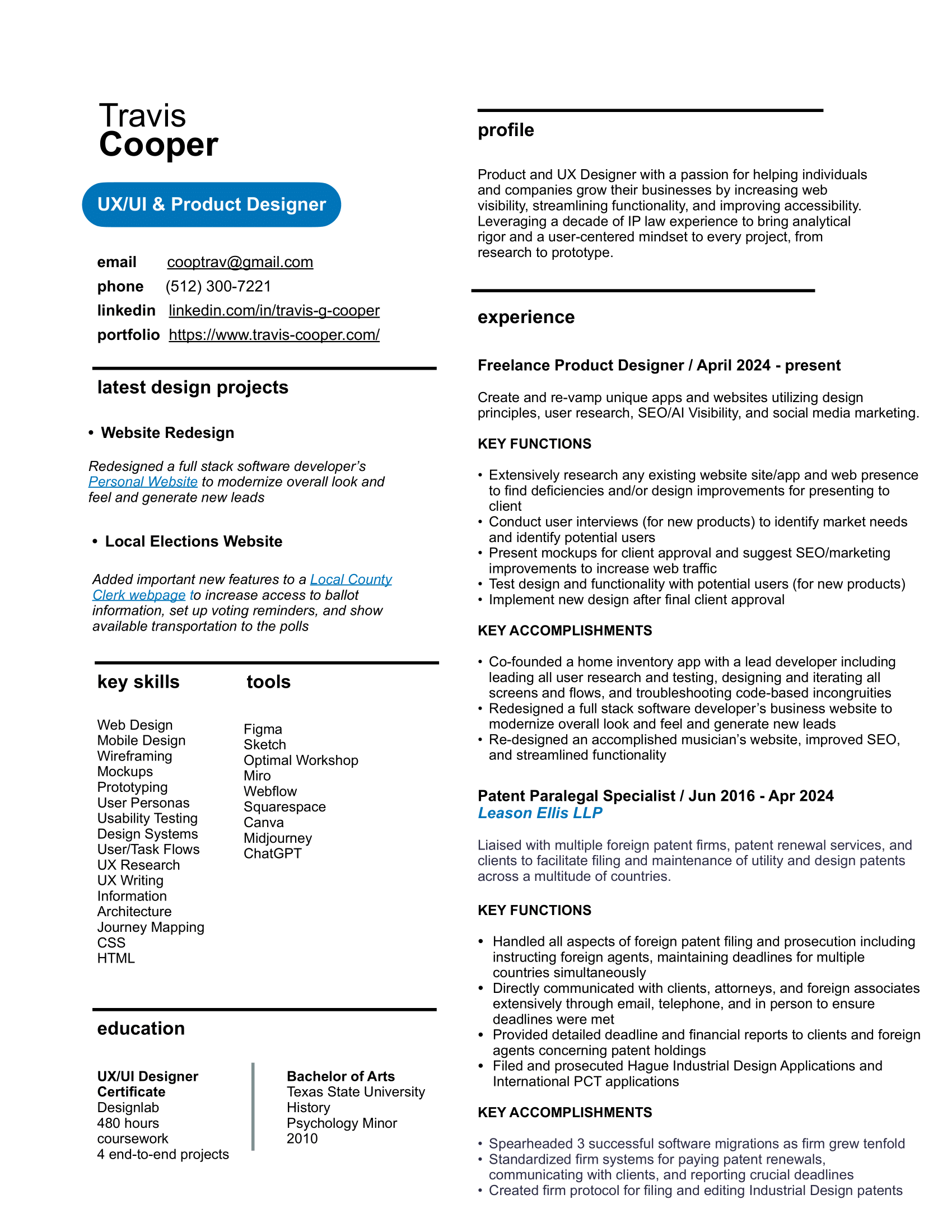 A resume for Travis Cooper, a UX/UI and product designer, including contact info, skills, projects, education, and experience.