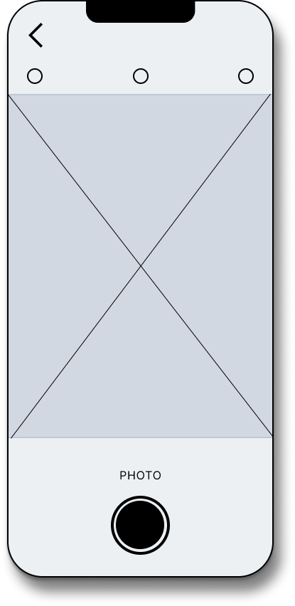 Smartphone screen displaying a camera app interface, with a large capture button at the bottom and three icons at the top for switching modes or settings.