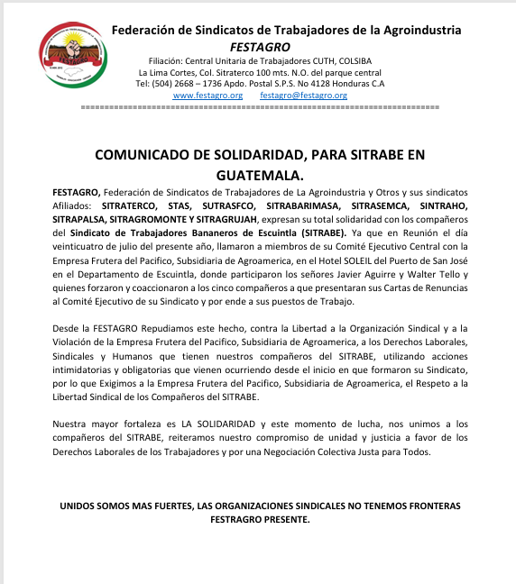 Apoyo firme de FESTAGRO a la lucha del SITRABE en Guatemala por condiciones dignas para sus Trabajadores