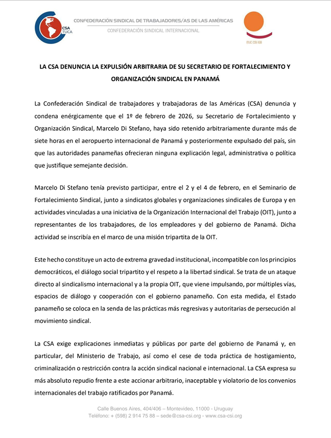 LA CSA DENUNCIA LA EXPULSIÓN ARBITRARIA DE SU SECRETARIO DE FORTALECIMIENTO Y ORGANIZACIÓN SINDICAL EN PANAMÁ(1)