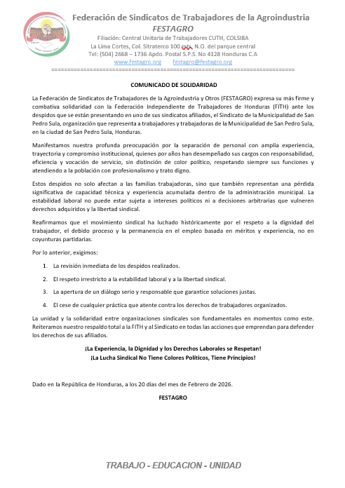 La FESTAGRO expresa su más firme y combativa solidaridad con La (FITH) 