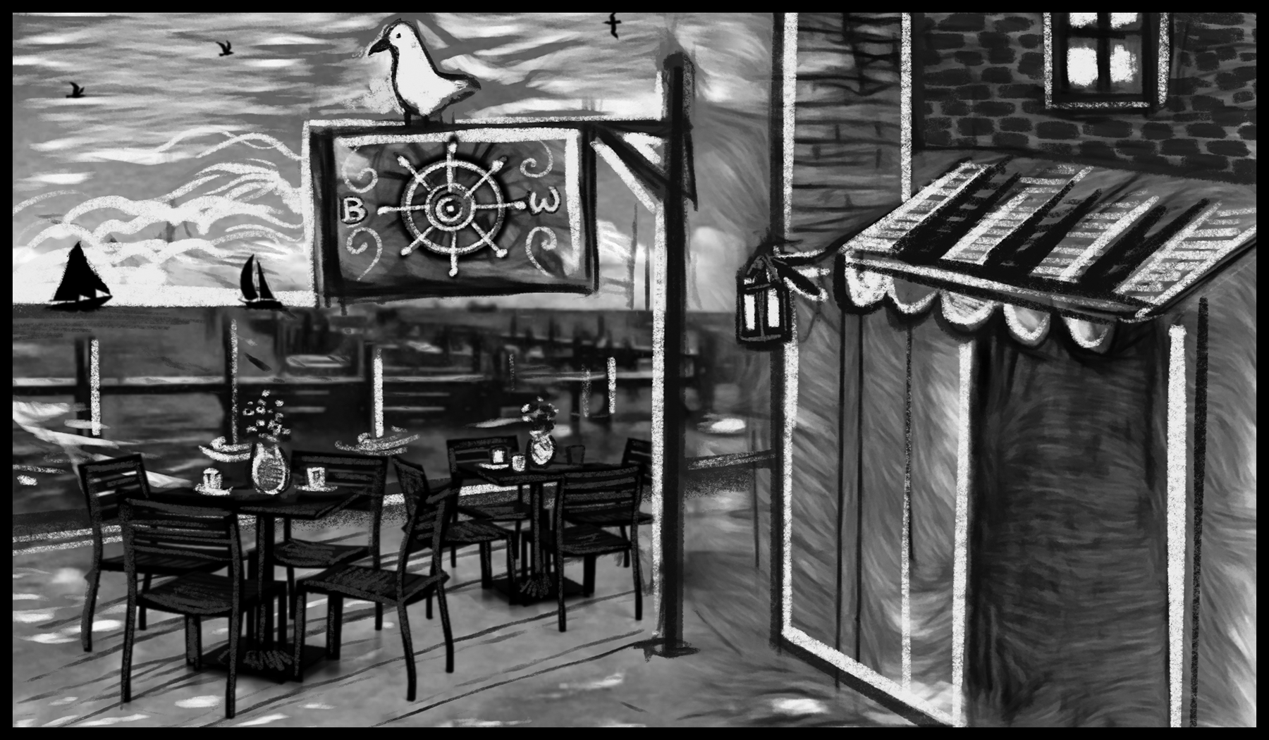 The Wheel - It was a rustic, two-story building clad in weathered wood and vine-covered stone. Like the other small businesses along the docks, a sign swayed in the light wind above the door - a ship's wheel with "B" and "W" on either side.