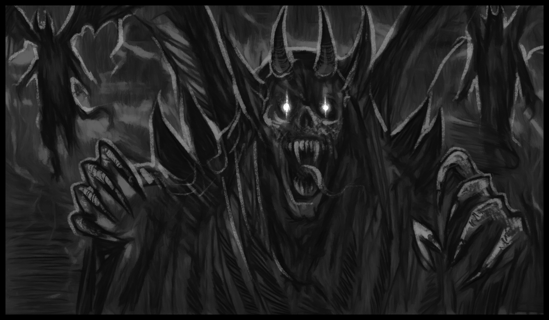 The Demon - The next lightning strike revealed that the pasty wretch's skin was completely covered with black symbols. They occupied every square inch of his flesh, from his huge, tattered, black wings, to the tips of his clawed feet and pointed ears