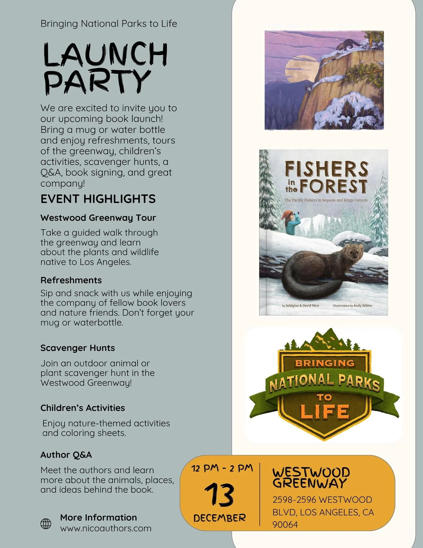 We hope you&rsquo;ll join us for a launch party celebrating our third book, Fishers in the Forest. This time, we&rsquo;re gathering in nature instead of a bookstore.
There will be cake, light refreshments, children&rsquo;s activities, a scavenger hun