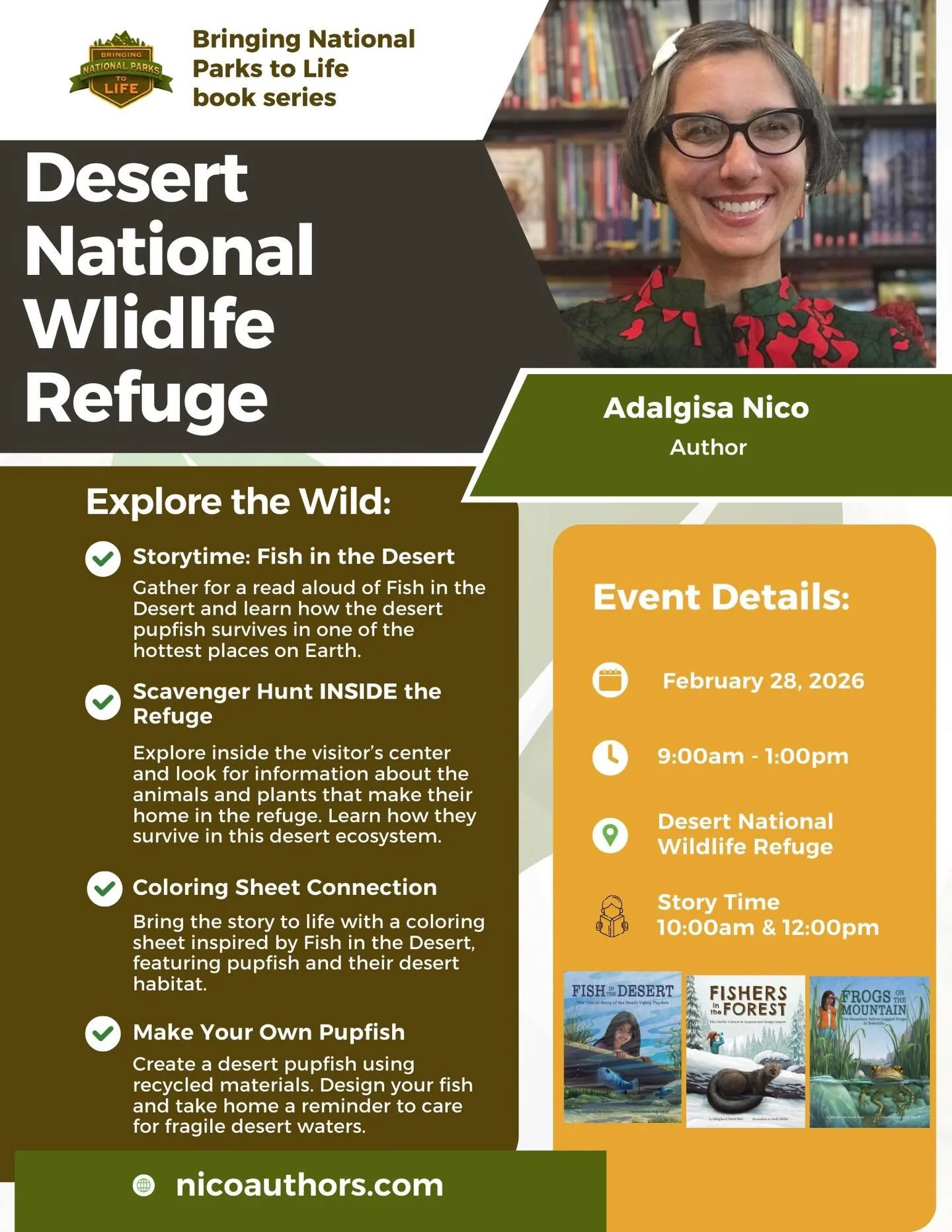 I&rsquo;m so excited to be part of the kids program at Desert National Wildlife Refuge.

We&rsquo;ll be making our own desert pupfish, reading aloud from Fish in the Desert, and talking about how these tiny fish survive in one of the hottest places o