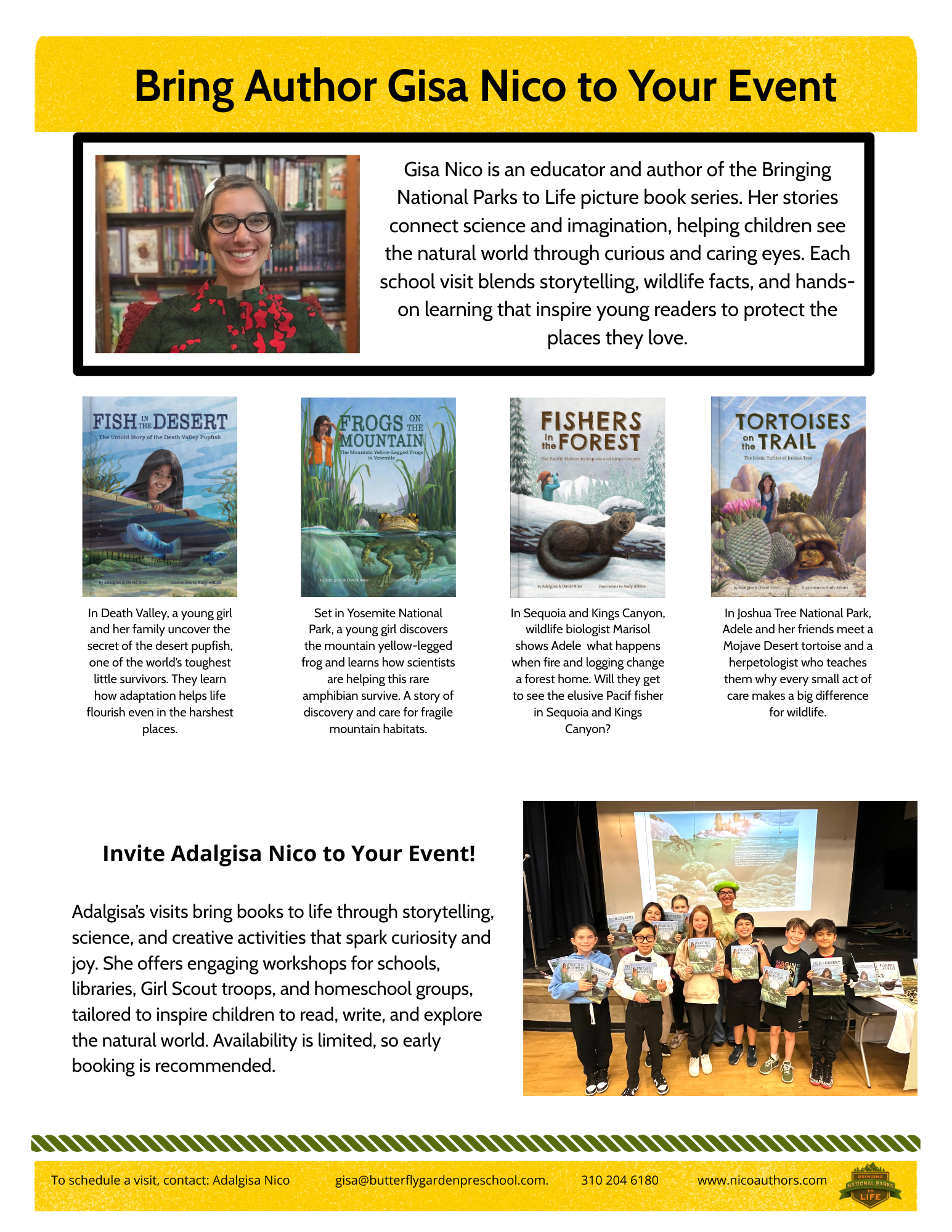 Flyer advertising Gisa Nico for book events, featuring her photo and several book covers about wildlife and nature, with a group of children holding books at an event. Contact info and website at the bottom.