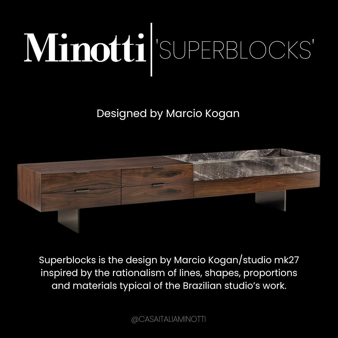 Drawing inspiration from the rationalism of Brazilian architecture, &lsquo;Superblocks&rsquo; comes with storage elements in wood or glossy lacquer resting on polished Brandy metal blades. A piece of functional art that is adaptable to various enviro