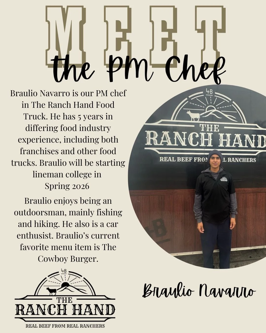 👋 Meet the staff

Braulio is our night chef at The Ranch Hand. He has a diverse food industry background that makes him a great addition to our team!

#meetthestaff #meettheteam #bestburgerinchico #TheRanchHandFoodTruck #chico #local #grassfed #gras
