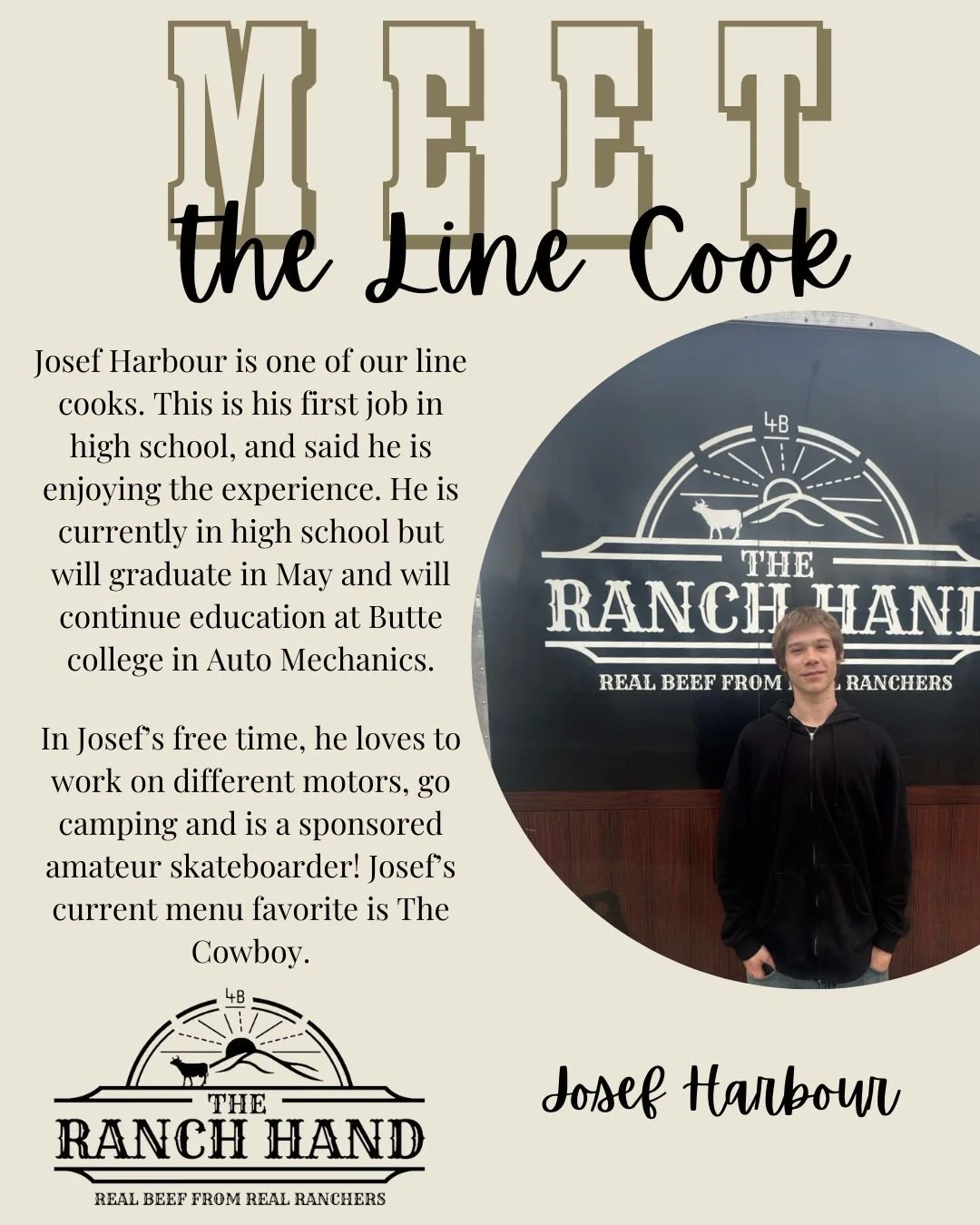 👋Meet the Staff

Josef Harbour is one of our line cooks. He has been a great addition to our team and has enjoyed his food industry experience.

The Ranch Hand Food Truck - Local - Real Beef - Real Ranchers - Premium Burgers

#meetthestaff #meetthet