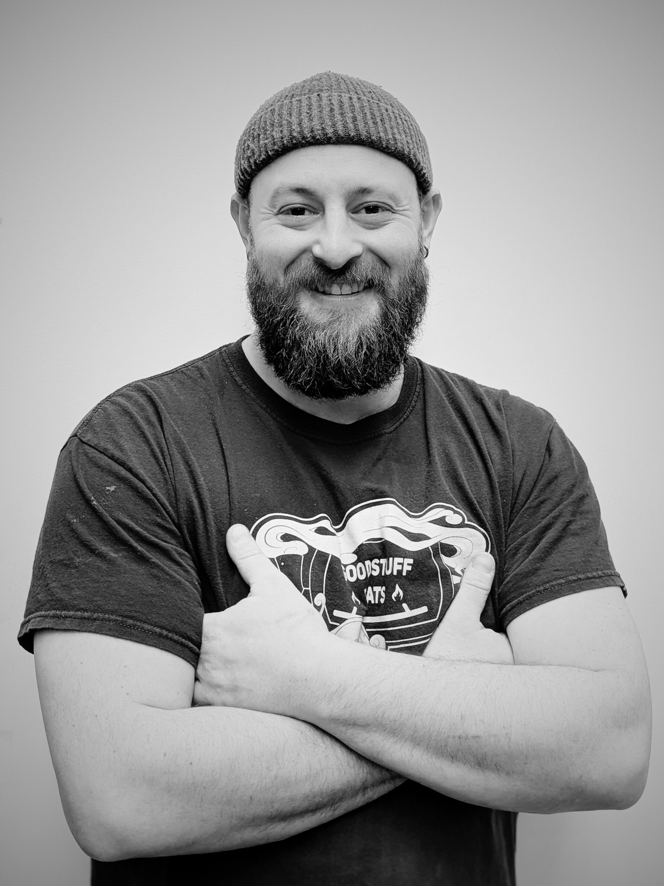 black and white photo of Nathan, a carpenter with Vero Design + Build