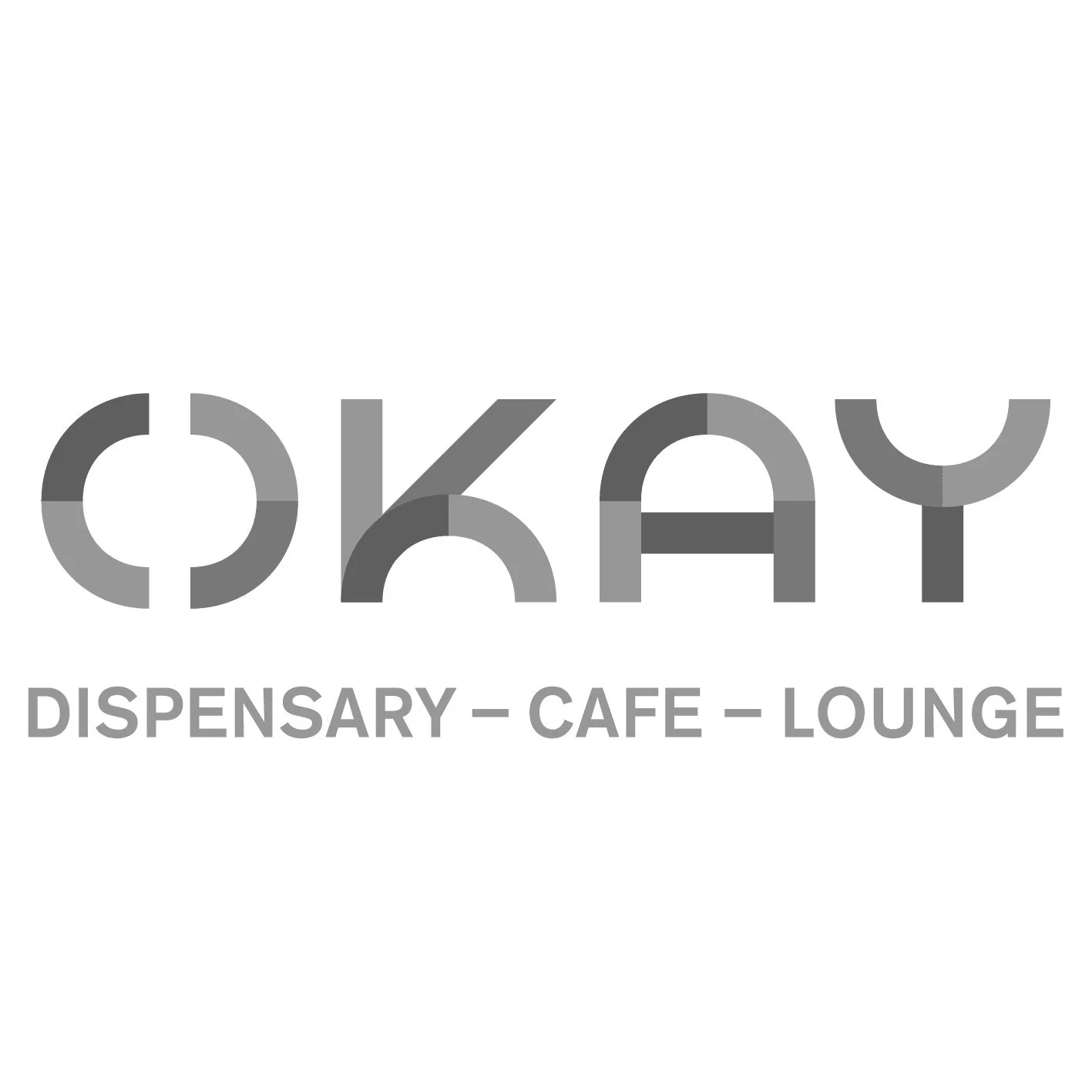 Logo with stylized name 'OKAY' and the words 'Dispensary - Cafe - Lounge' underneath.