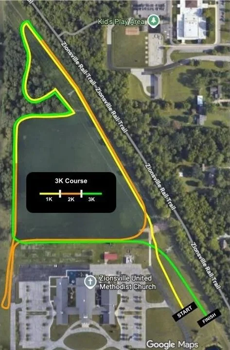 A map showing a 3K running course with start and finish points, a Kids Play Area, and Zionsville United Methodist Church, with the course marked in green, yellow, and orange lines indicating different distances.