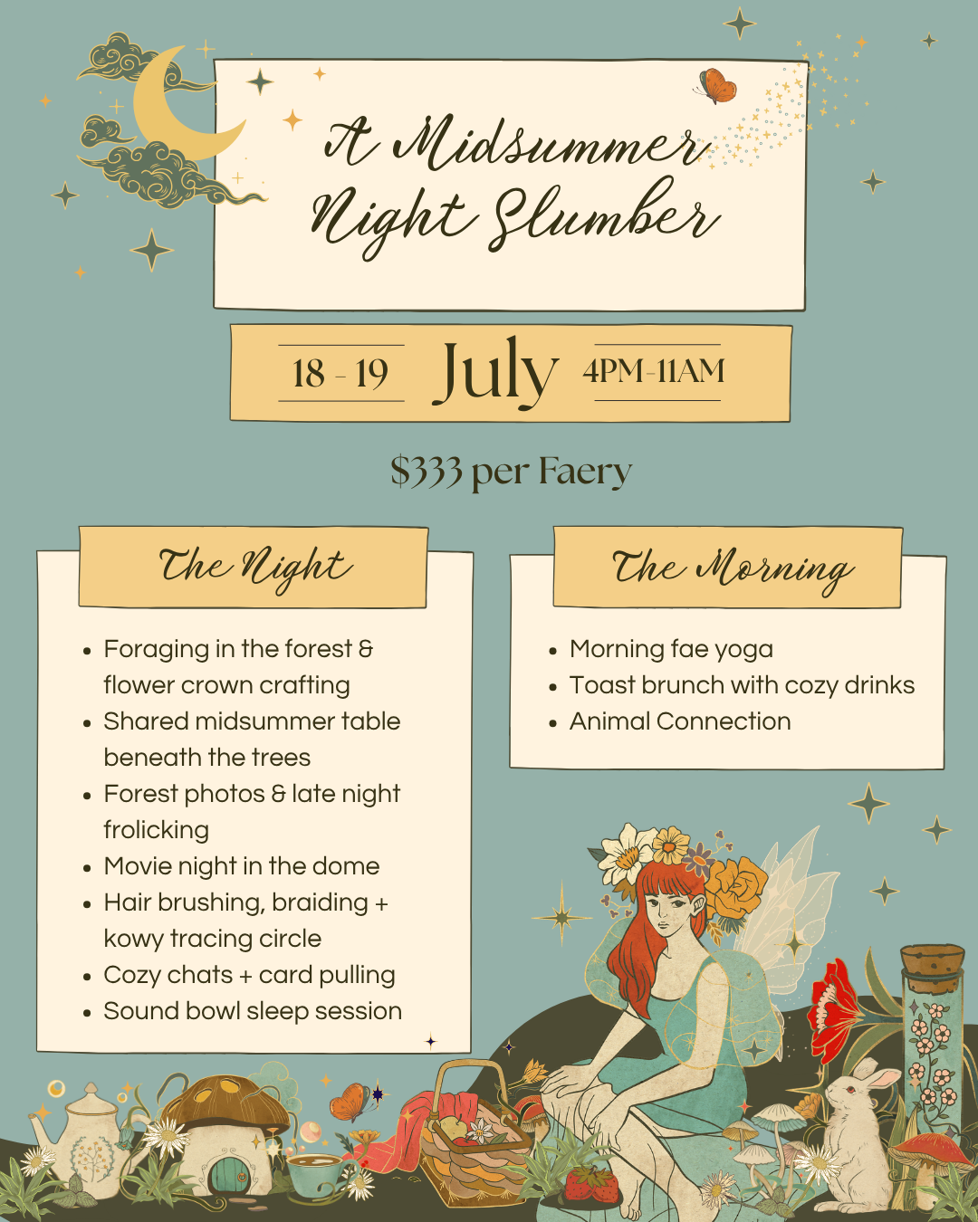 Poster for A Midsummer Night Slumber, an overnight women's and gender-diverse retreat at The Sacred Woods Care Farm near Edmonton featuring flower crown making, forest exploration, animal connection, therapeutic hair brushing, sound bowls and magic