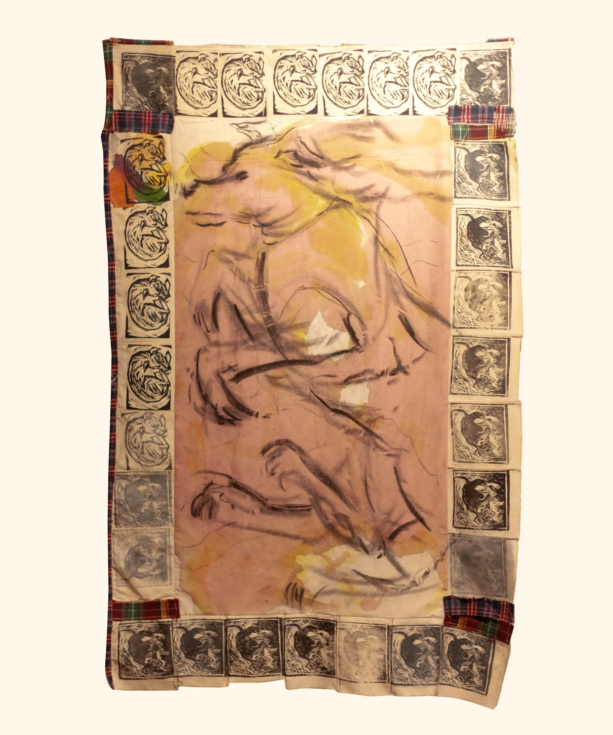 Attunement (For Zina) 30 x 40 inches | Charcoal, conte crayon, fabric wood block ink, and natural dyes on pillowcase | $1000