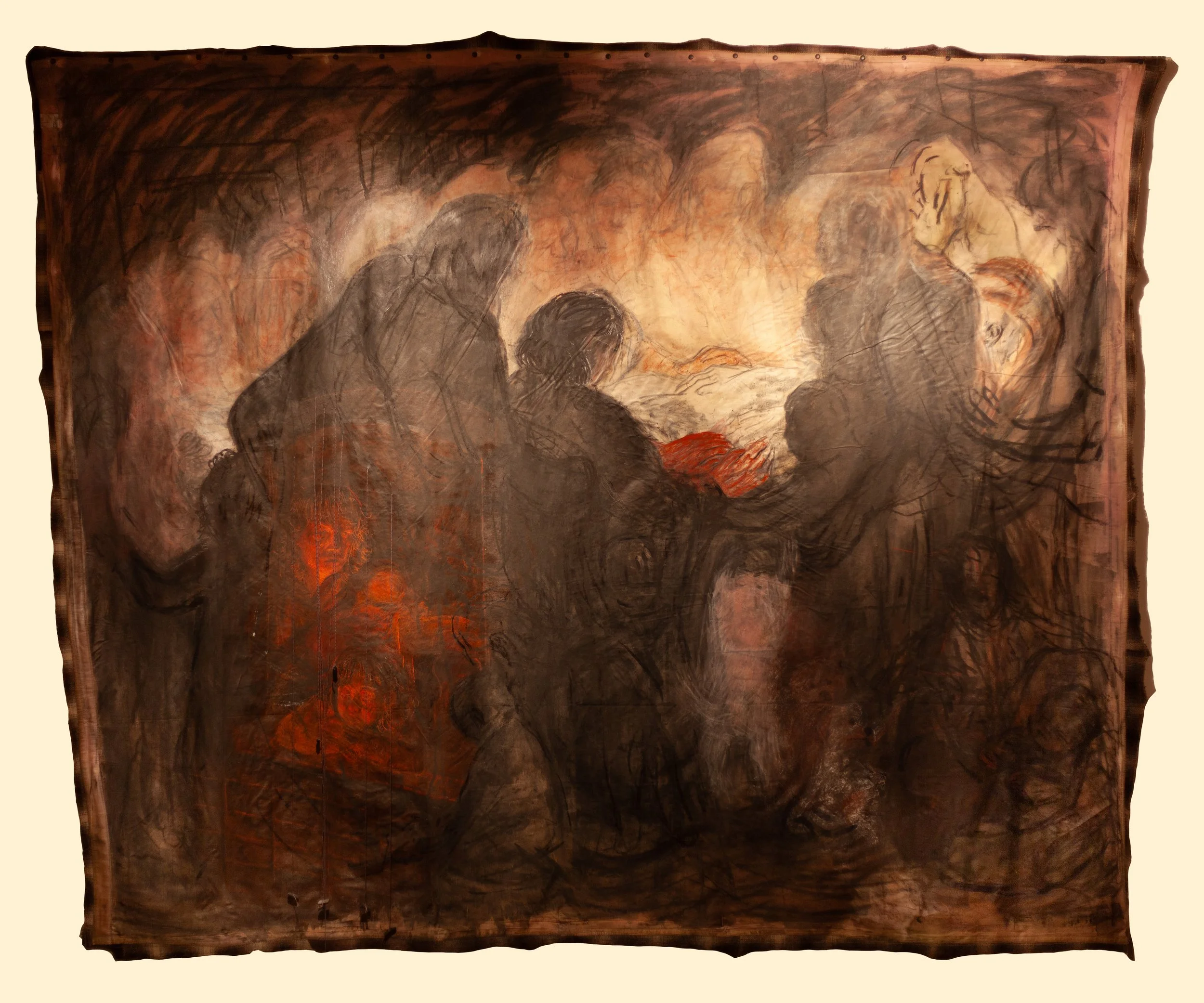 Attendant $6500 

[87.5"×105"]
Charcoal, conte crayon, walnut ink, turmeric ink, acrylic ink, black bean dye, extra heavy molding paste, oil stick, upholstery thread, fabric scraps, wool scraps, darning thread, small sticks