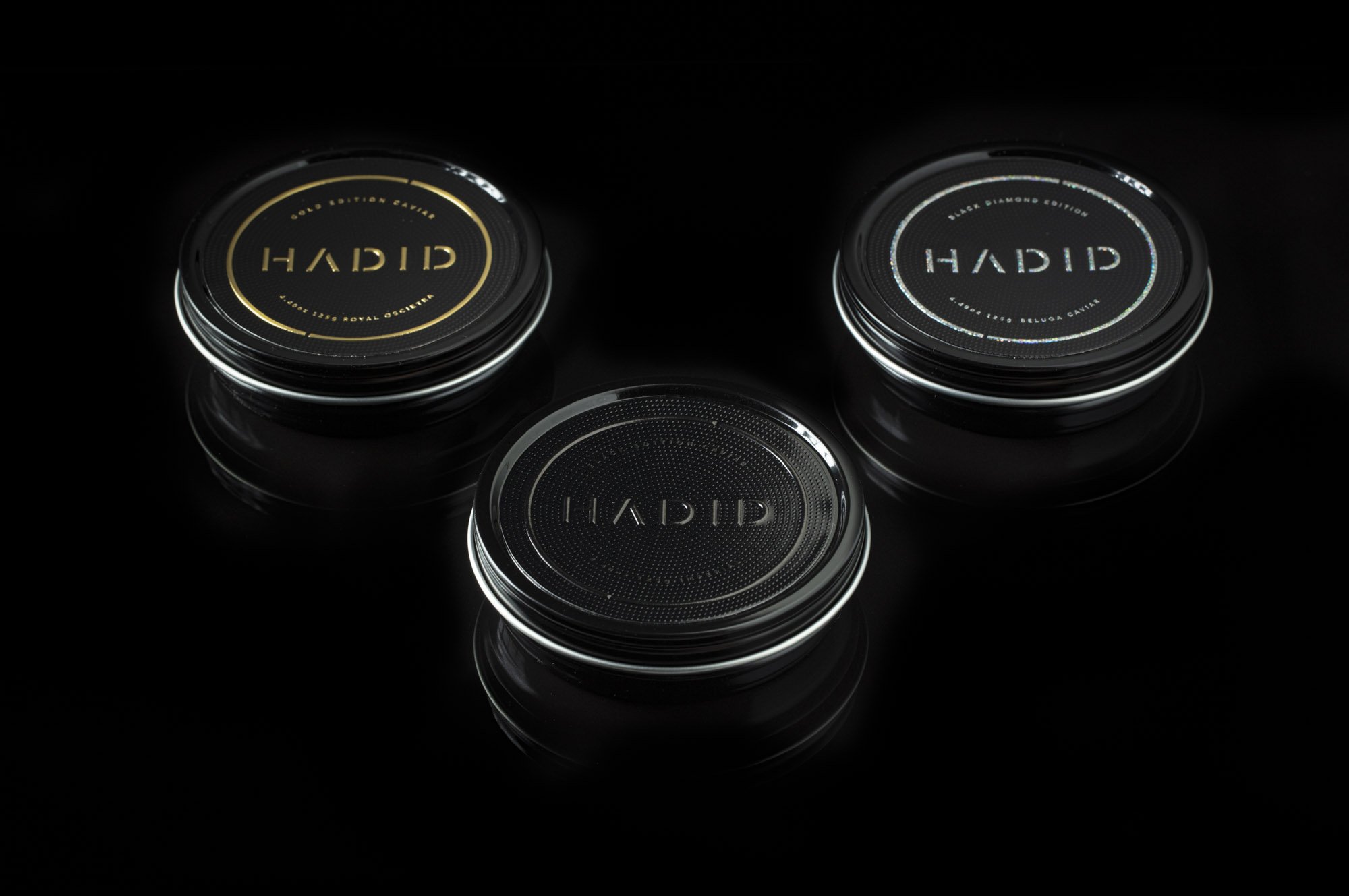 Hadid Caviar tins, gold and black editions
