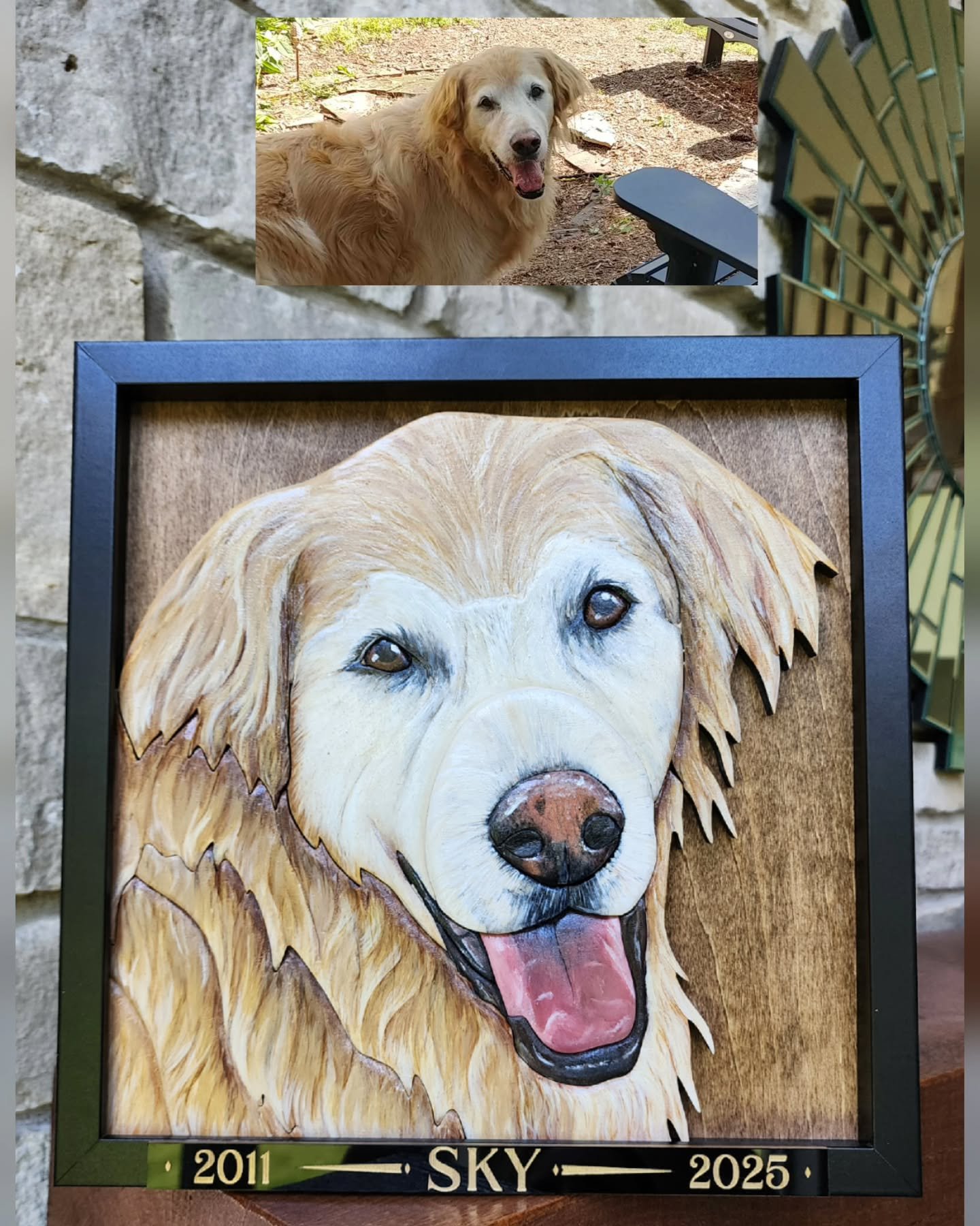 ππ Meet Sky, a beautiful Golden Retriever who recently crossed the Rainbow Bridge. I had the honor of creating this commissioned 3D wooden portrait to celebrate her life and the love she brought to her family. This 12 x 12 in piece includes shaped