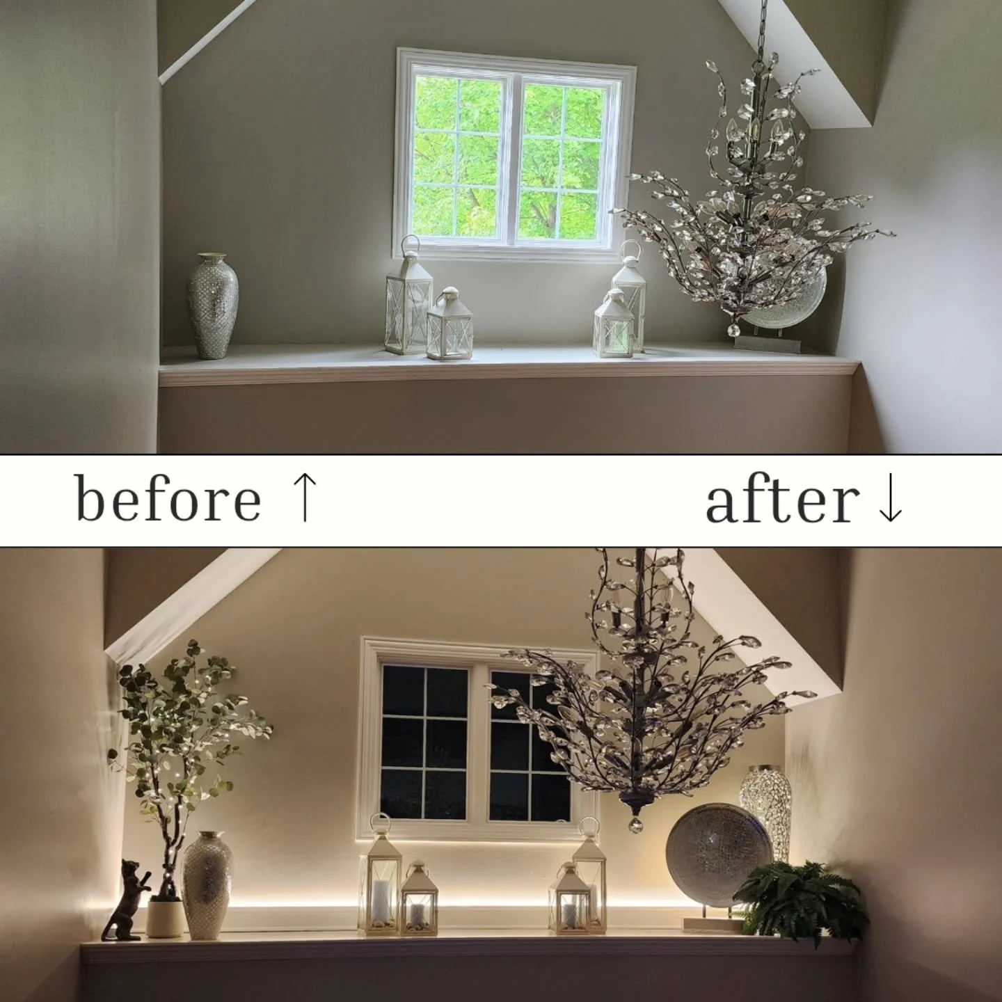 β¨ #SundayShare – DIY Edition! β¨
One of my favorite spots in the house to decorate is the little shelf above our foyer door — it’s always been my go-to for seasonal displays. I love how the lights give that cozy, homey glow when you