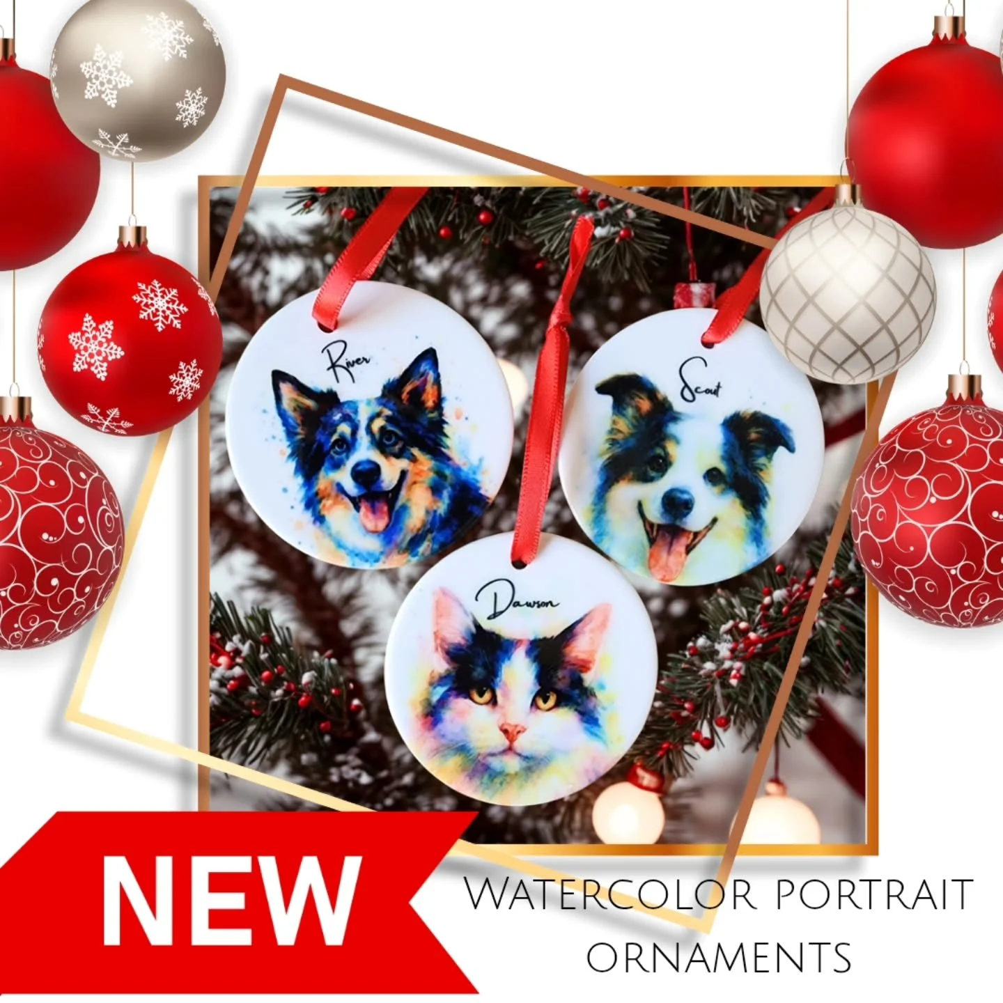 ✨ Custom Watercolor Pet Ornaments are here for the first time ever! 🎨🐾
Turn your furry (or feathery!) friend into a stunning, colorful watercolor portrait that you can cherish every holiday season, or even every day. Each round white ceramic ornam