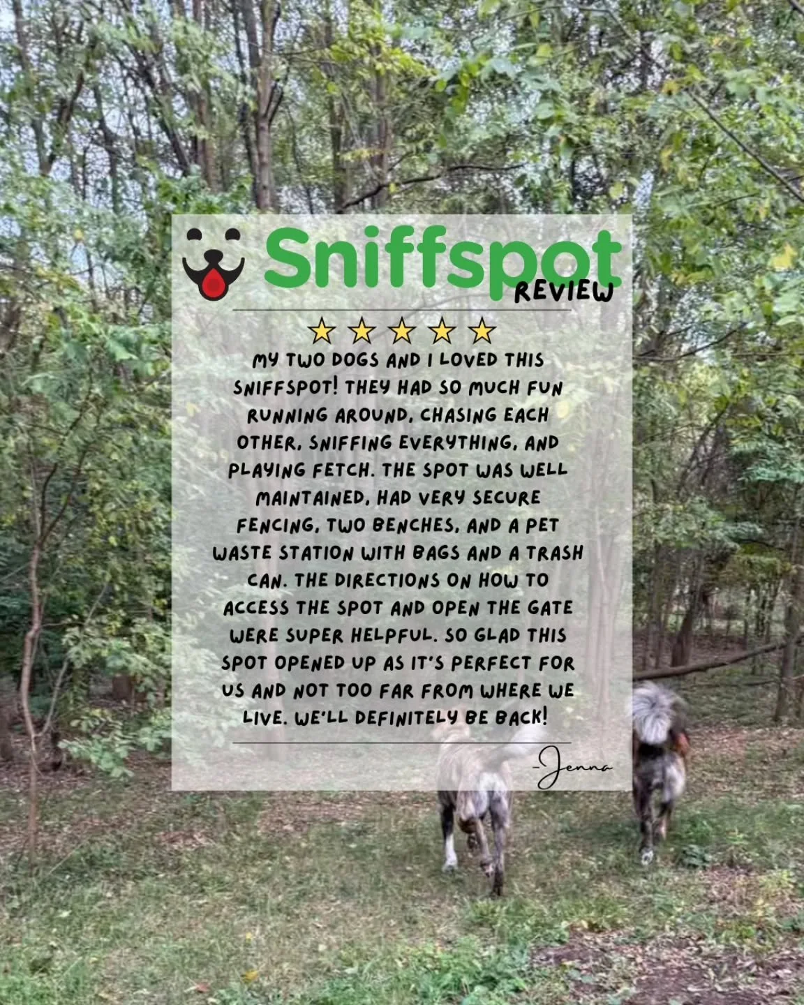 ⭐️⭐️⭐️⭐️⭐️
Our very first 5-star Sniffspot review! 🐾
Months of work (and a whole lot of love) went into creating this private space for dogs to safely play, sniff, and explore — and it’s been so rewarding to see the amazing feedback rol