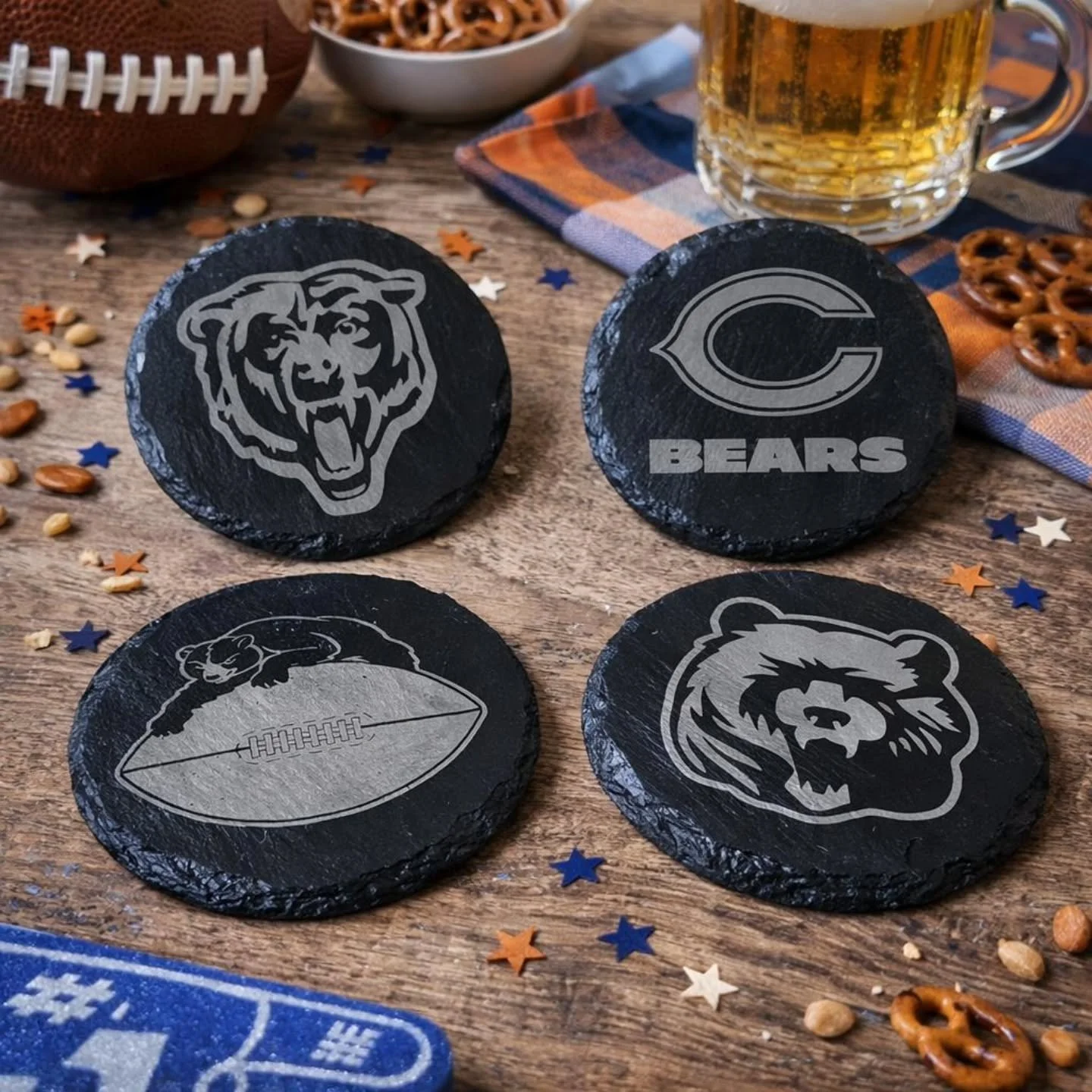 While you&rsquo;re enjoying freshly sliced cheese off your new Pawsitively Inspired Bears charcuterie board, don&rsquo;t forget about your drink&hellip; 👀🍺

These Chicago Bears slate coasters have your table covered &mdash; literally. Rugged, engra
