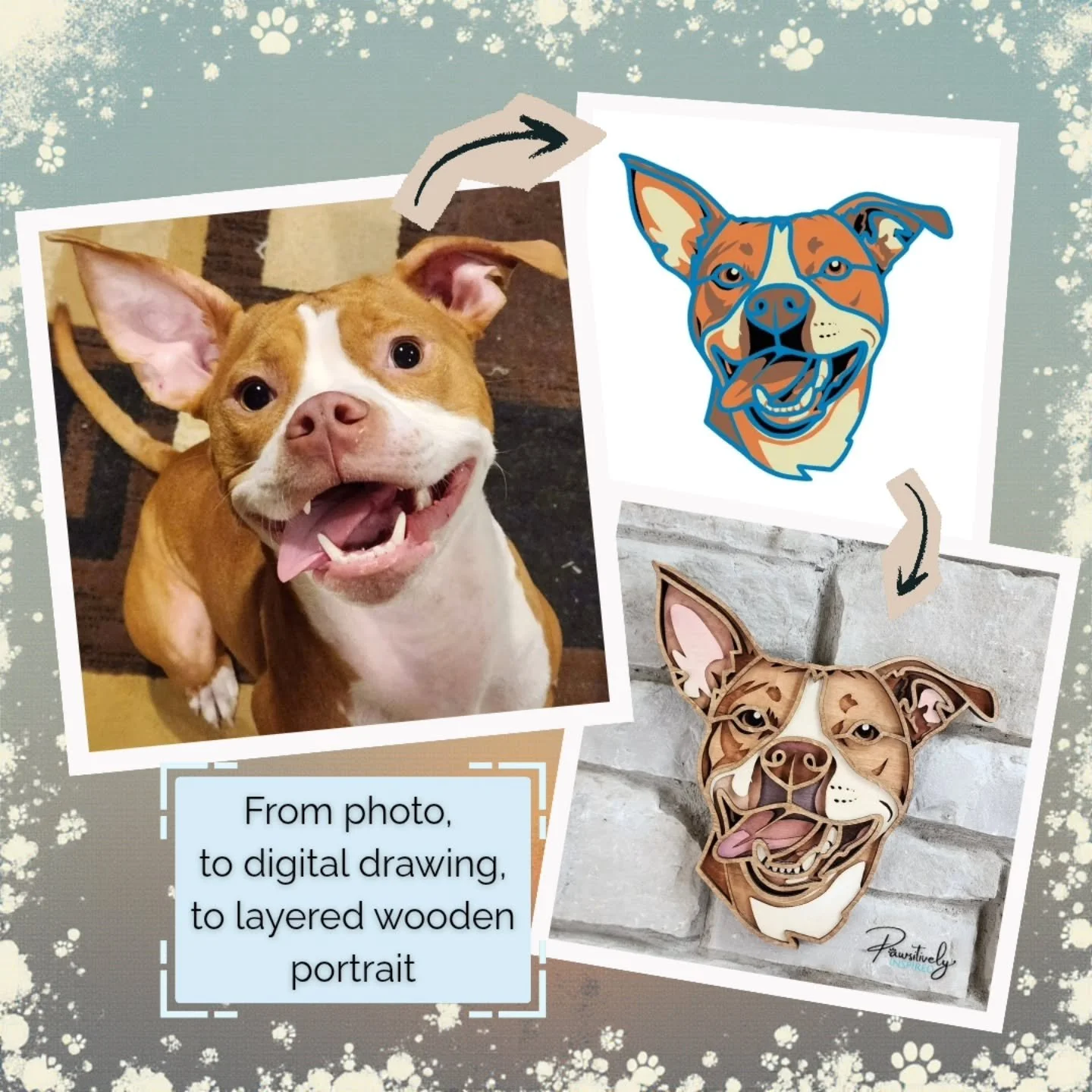 From photo ➜ digital art ➜ handcrafted wood portrait 😍🐶

This is what your dog looks like when their personality gets turned into art. That big, goofy smile? Totally impossible not to love.

Every custom piece starts with your favorite photo, gets 