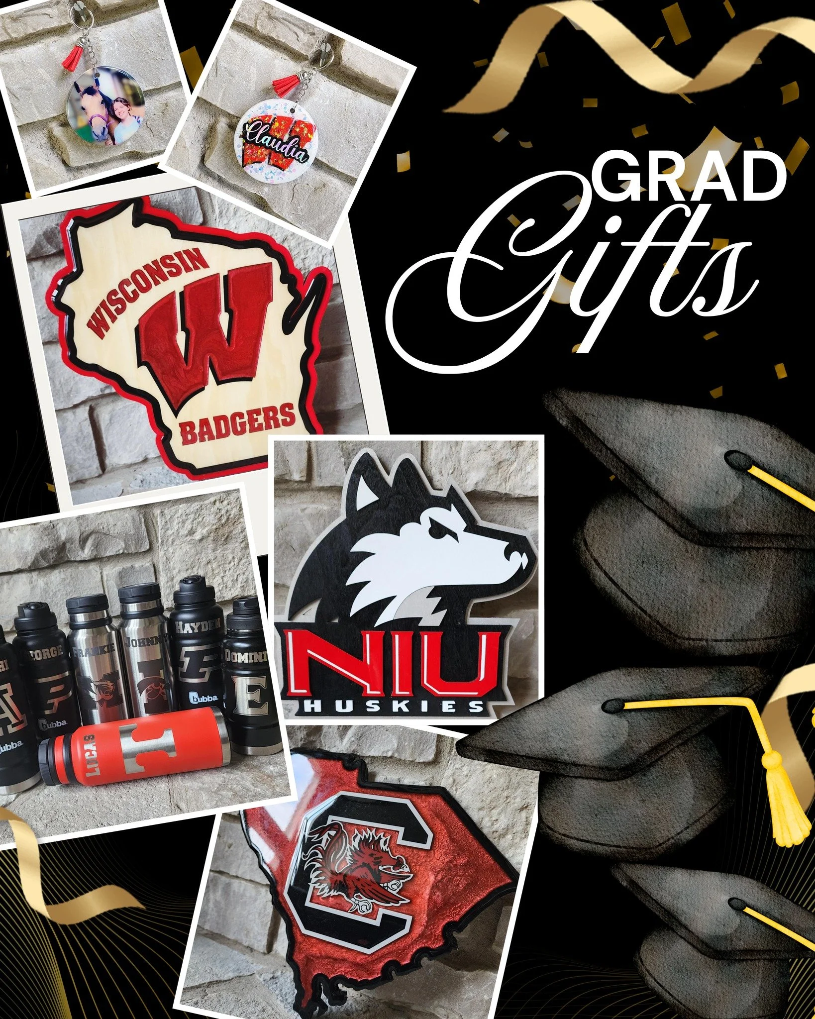 It's officially Dad 'n Grad season!

Looking for a cool, unique gift? These are some samples of projects I was commissioned to make, from sublimated photo keychains, to personalized engraved tumblers, to wood wall hangings of their school logos.

Sen