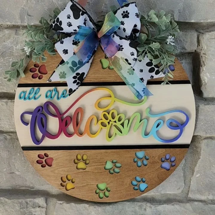 This colorful &ldquo;All Are Welcome&rdquo; sign was recently donated to help support a fundraising event for Dupage County Animal Services, and it is truly one of my favorite signs. For this piece, I challenged myself to create the rainbow gradient 