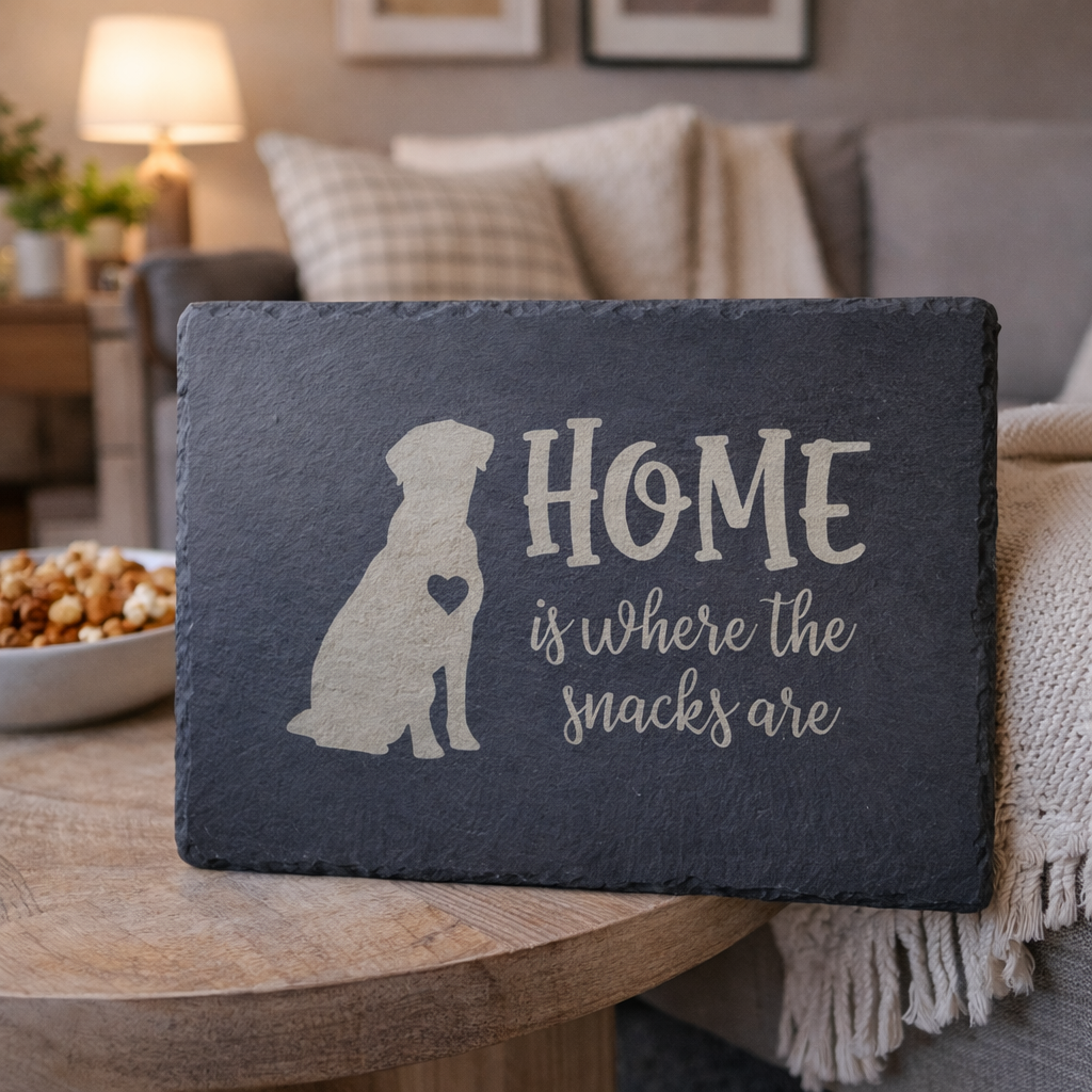 Home is Where the Snacks Are- Dog With Heart Slate Charcuterie Board